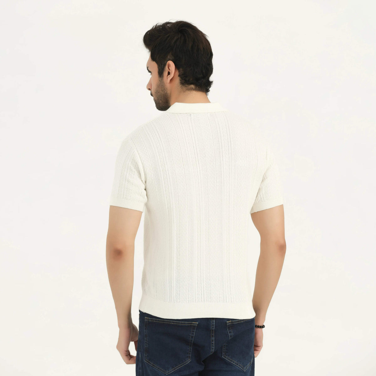 TEXTURED KNIT POLO SHIRT OFF-WHITE NAVZA