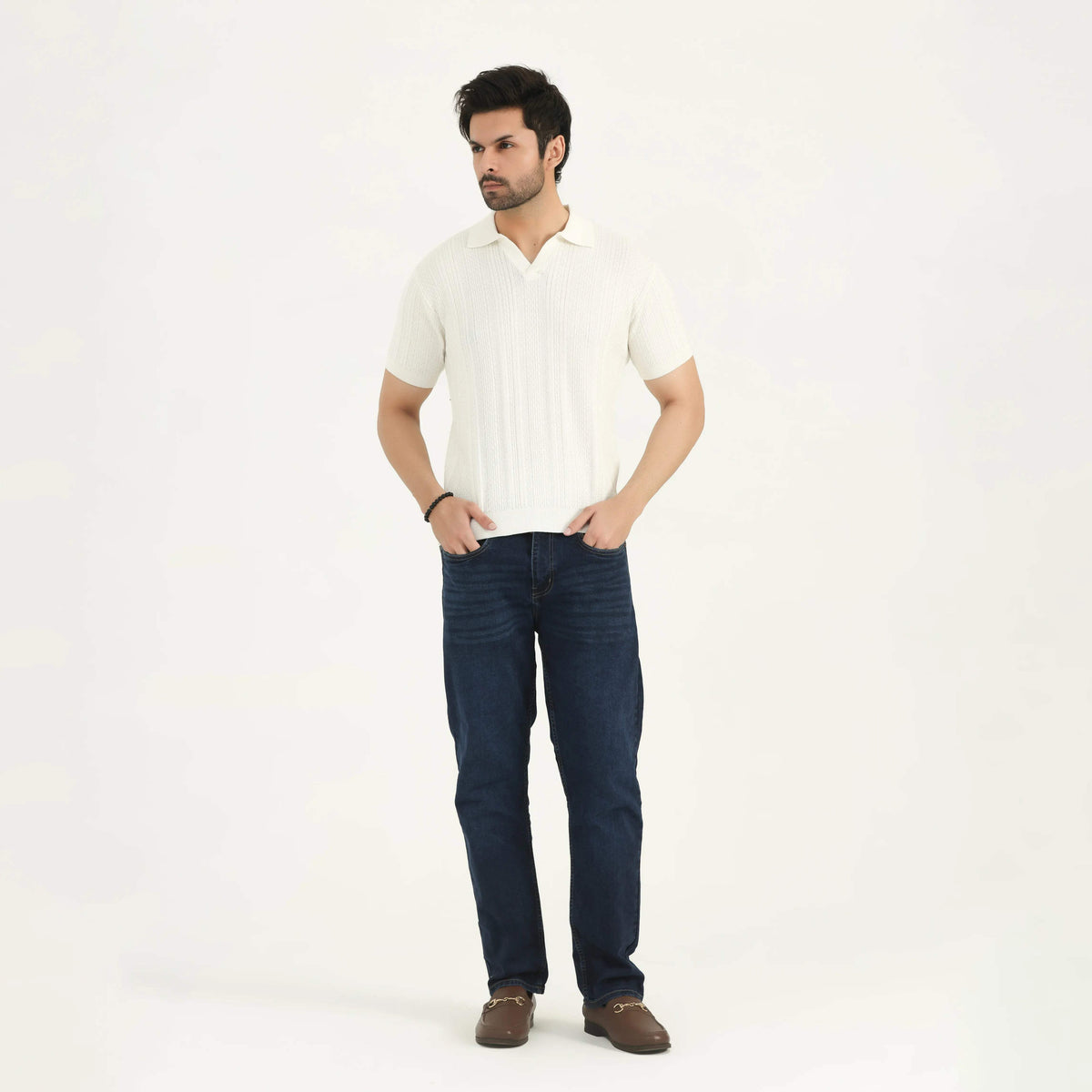 TEXTURED KNIT POLO SHIRT OFF-WHITE NAVZA