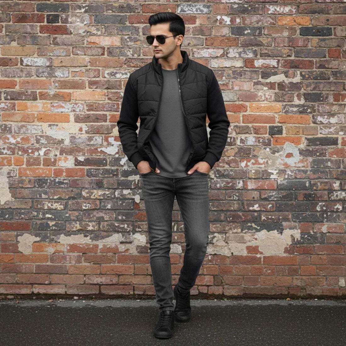 TEXTURED SLEEVE PUFFER JACKET - JET BLACK - NAVZA