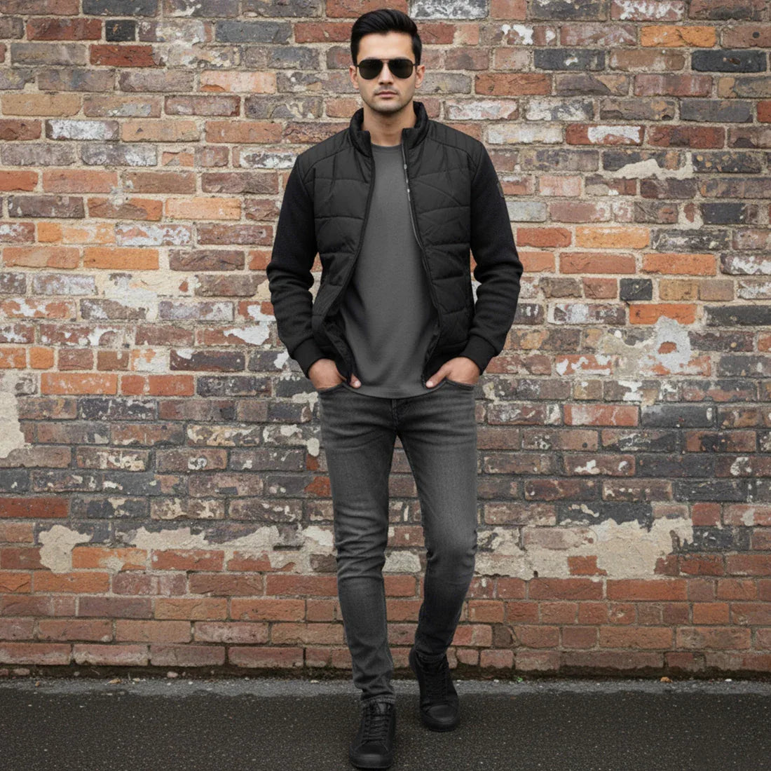 TEXTURED SLEEVE PUFFER JACKET - JET BLACK - NAVZA