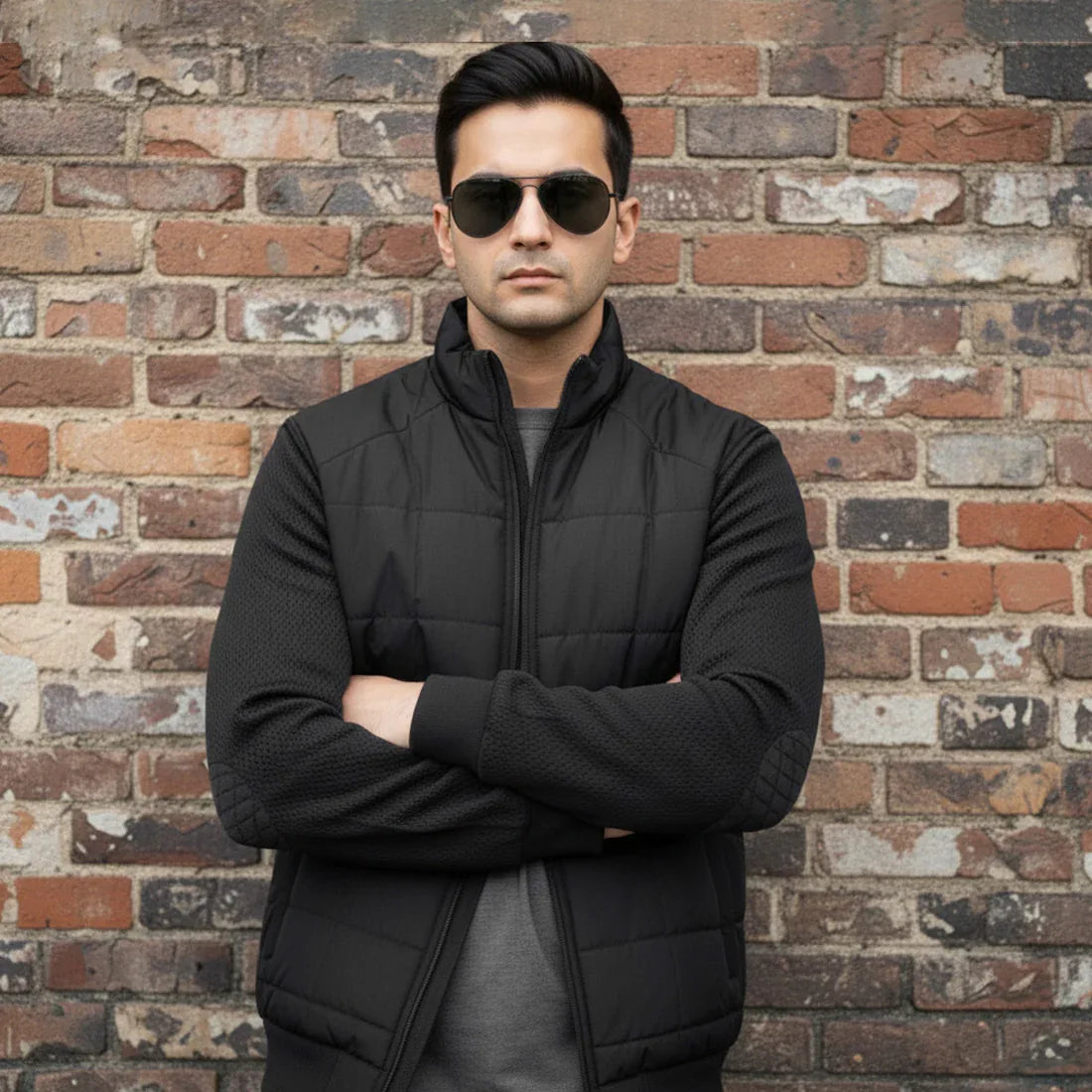 TEXTURED SLEEVE PUFFER JACKET - JET BLACK - NAVZA