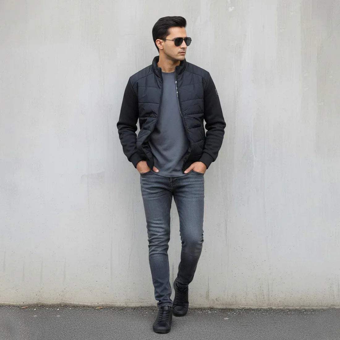 TEXTURED SLEEVE PUFFER JACKET - NAVY - NAVZA