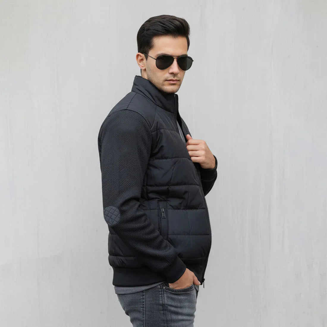 TEXTURED SLEEVE PUFFER JACKET - NAVY - NAVZA