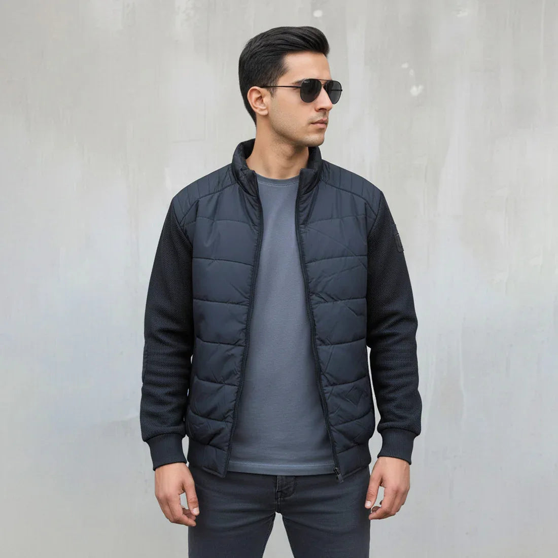 TEXTURED SLEEVE PUFFER JACKET - NAVY - NAVZA
