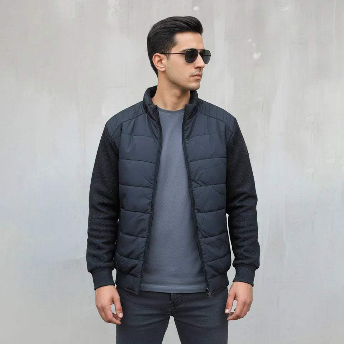 TEXTURED SLEEVE PUFFER JACKET - NAVY - NAVZA
