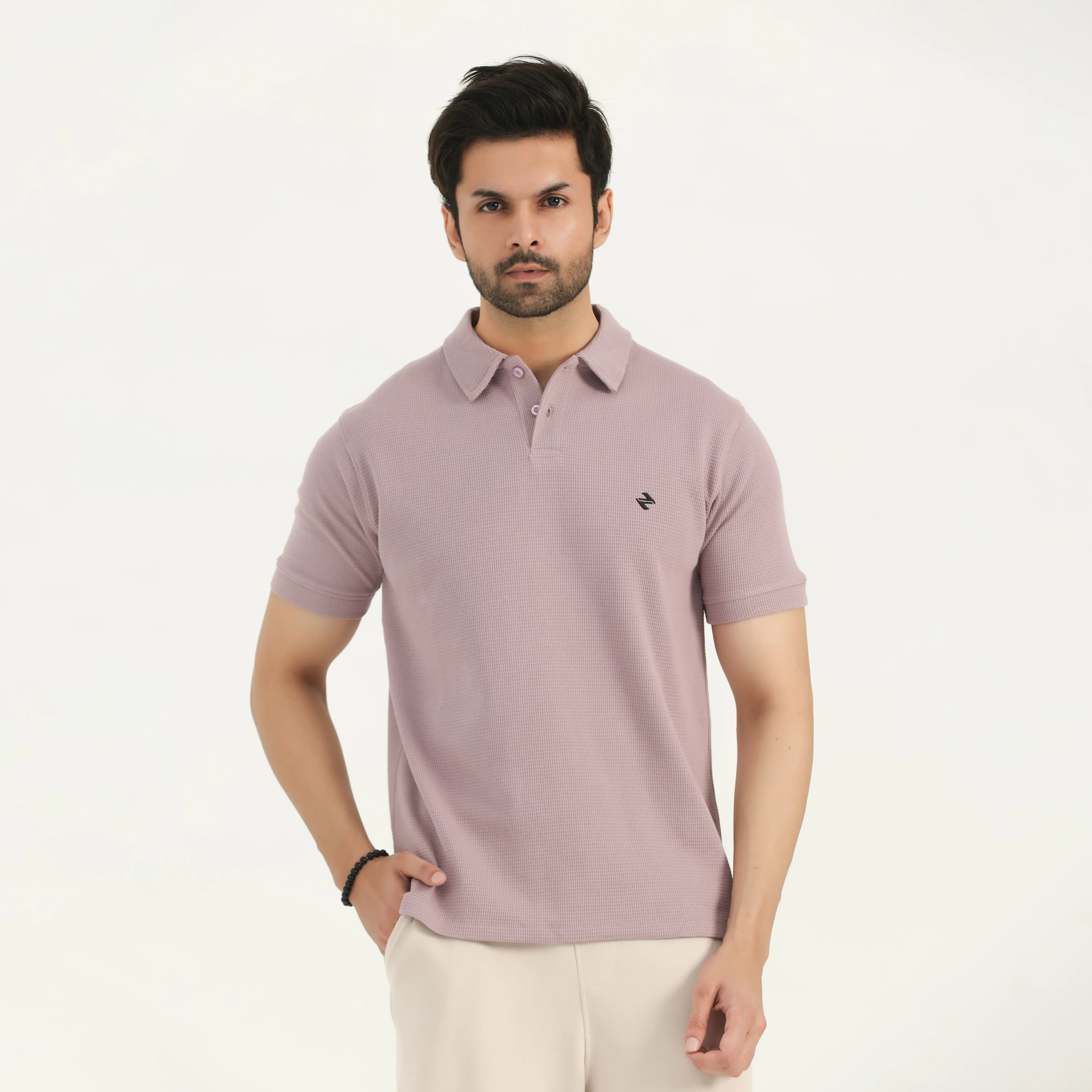 WAFFLE KNIT POLO SHIRT - MAUVE