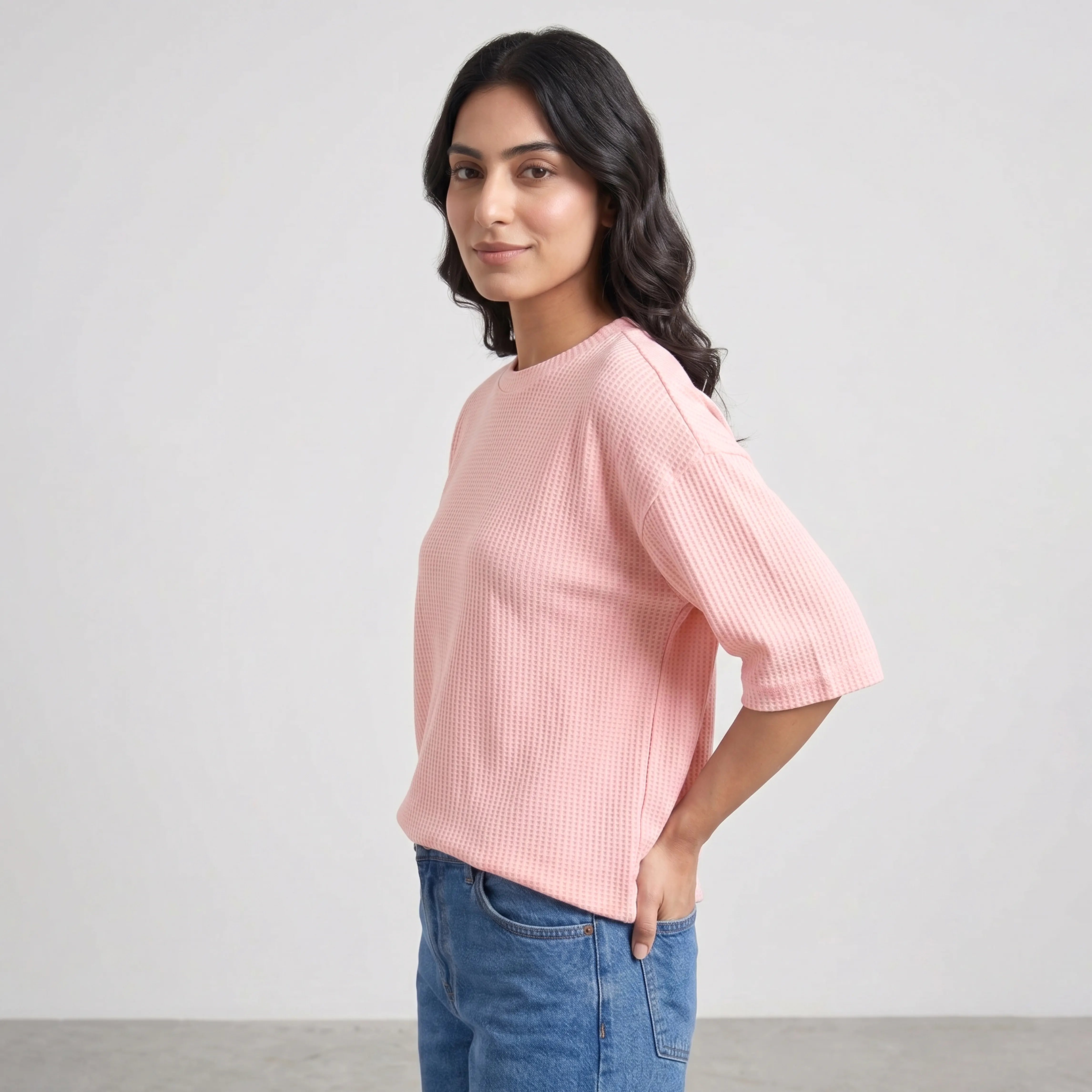 WOMEN WAFFLE KNIT TOP SOFT LILAC