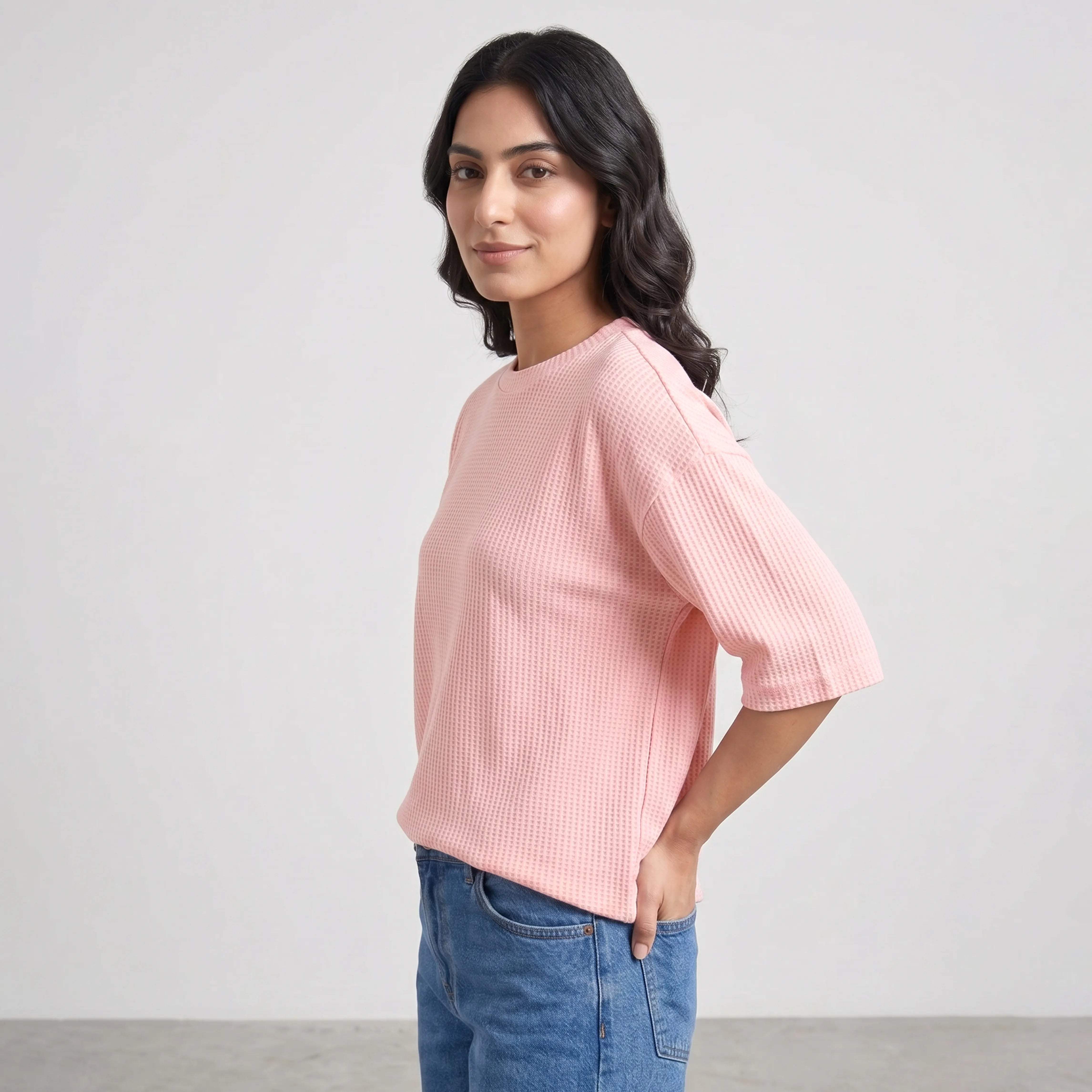 WOMEN WAFFLE KNIT TOP SOFT LILAC