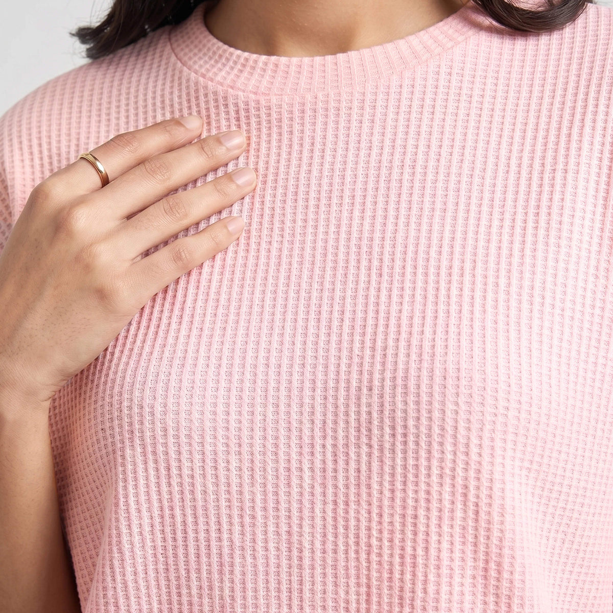 WOMEN WAFFLE KNIT TOP SOFT LILAC