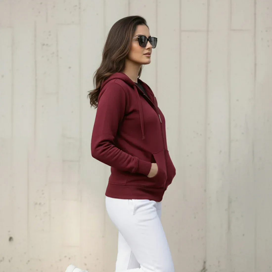 WOMEN ML PULLOVER ZIPPER HOODIE - BURGUNDY - NAVZA