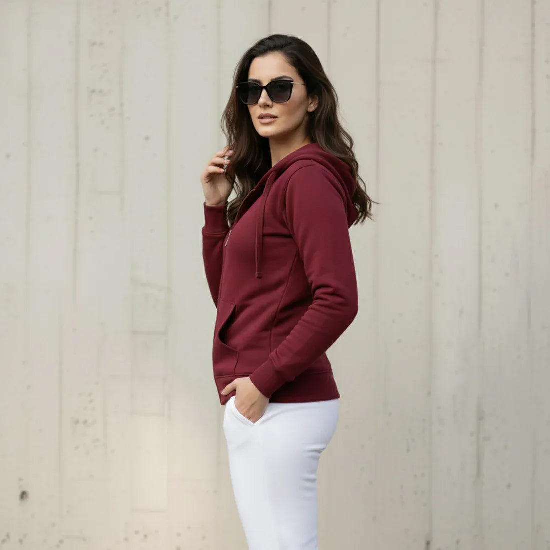 WOMEN ML PULLOVER ZIPPER HOODIE - BURGUNDY - NAVZA