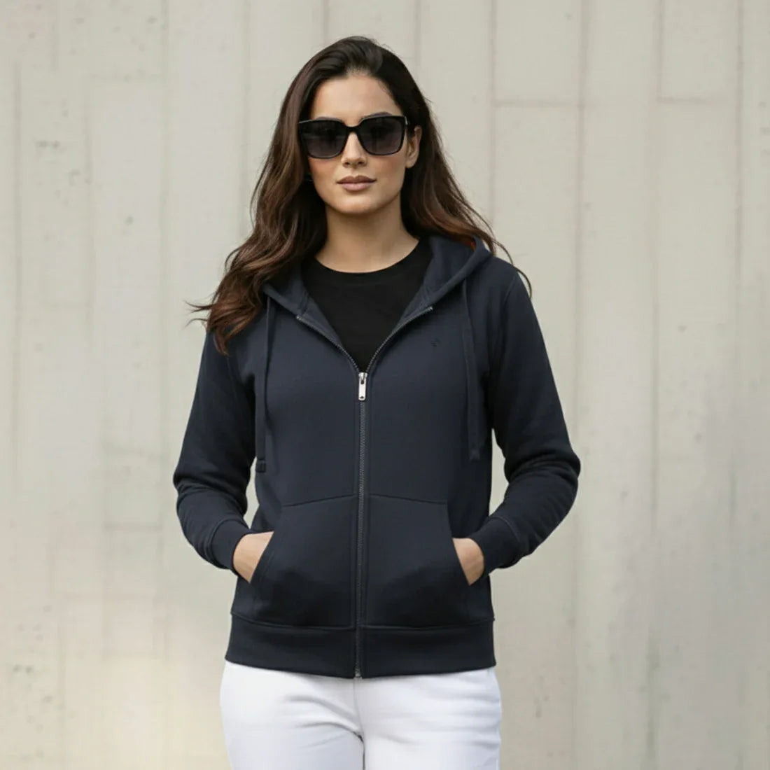 WOMEN ML PULLOVER ZIPPER HOODIE - NAVY - NAVZA