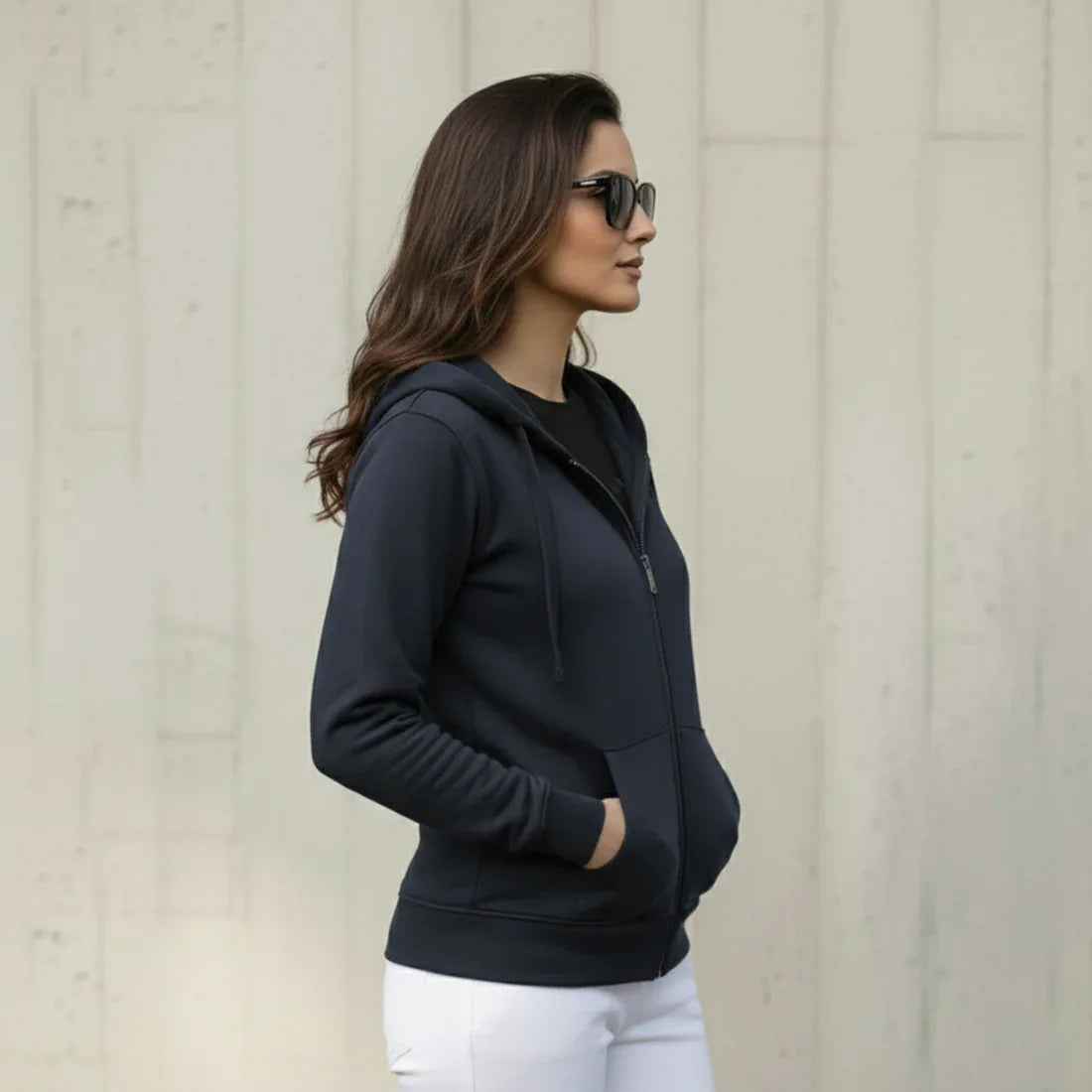 WOMEN ML PULLOVER ZIPPER HOODIE - NAVY - NAVZA