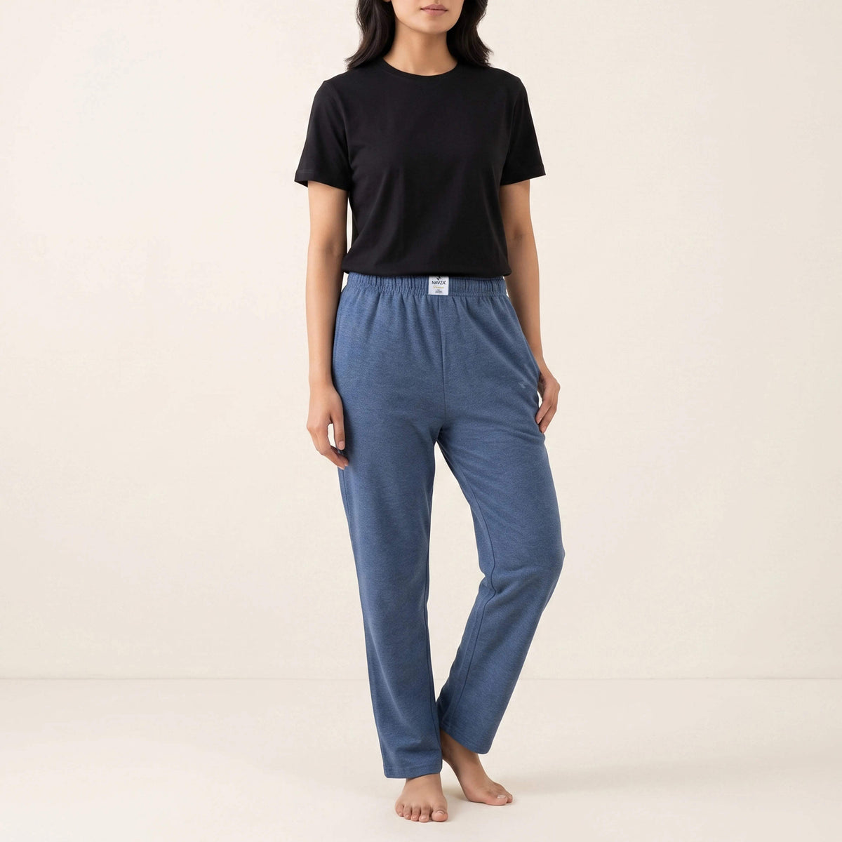 WOMEN BLACK UNDERTEE AND JERSEY TROUSER DENIM NAVZA
