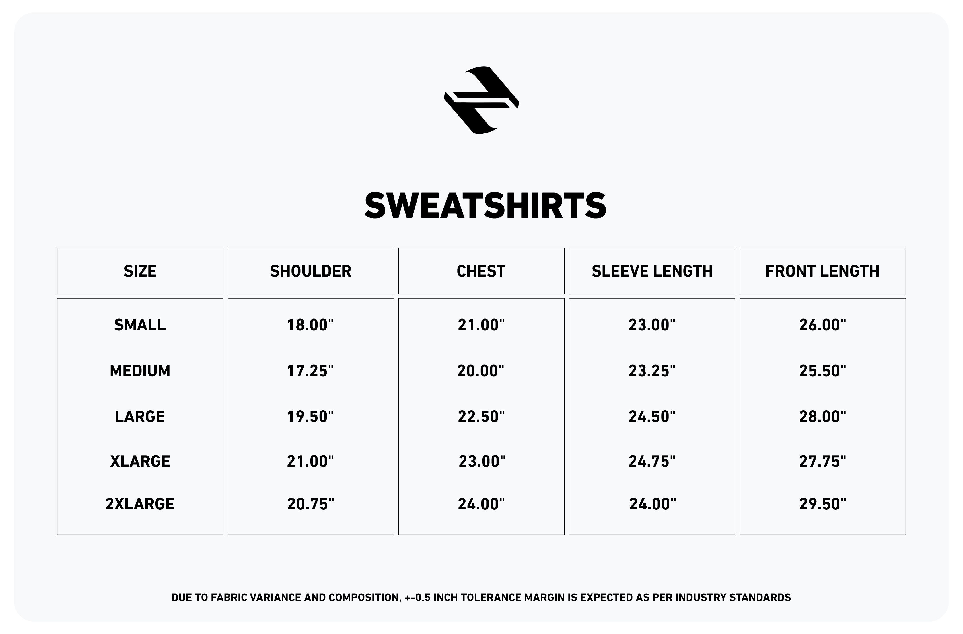 Sweatshirt size chart