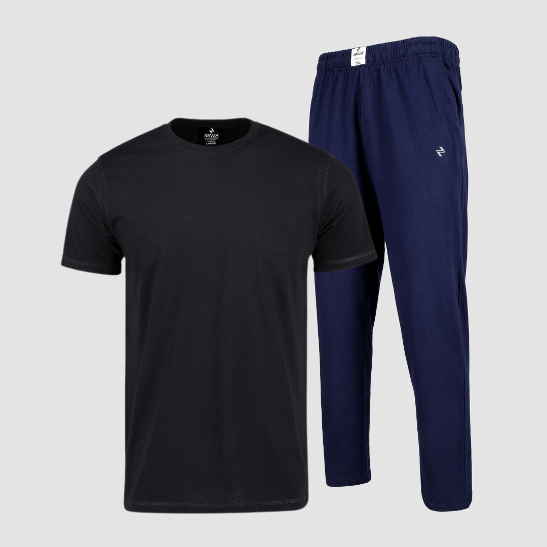 PACK OF BLACK UNDERTEE & NAVY JERSEY TROUSER