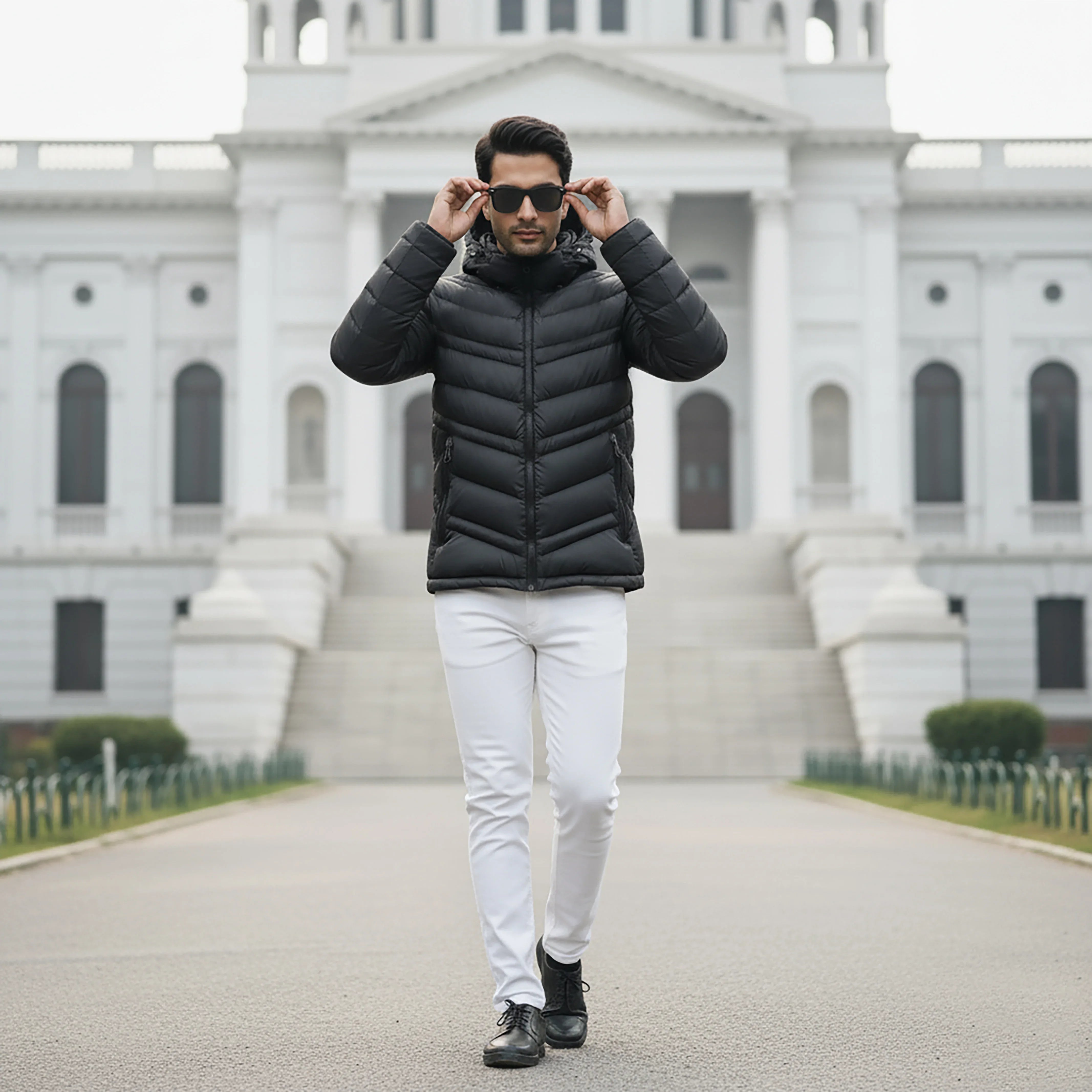 STRIPED PUFFER JACKET DETACHABLE SLEEVES - BLACK - NAVZA