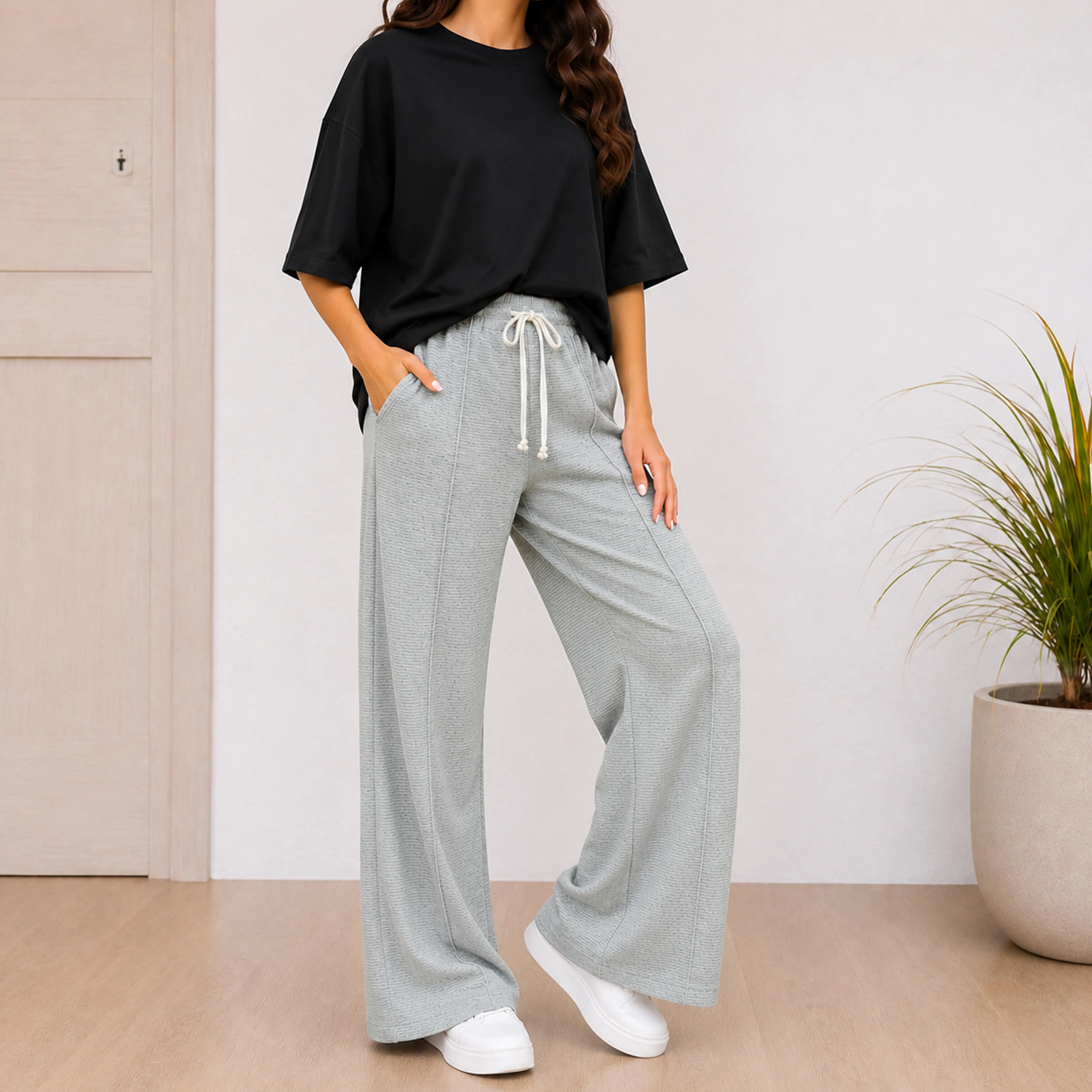 WOMEN WIDE-LEG PANTS SOFT HEATHER GREY