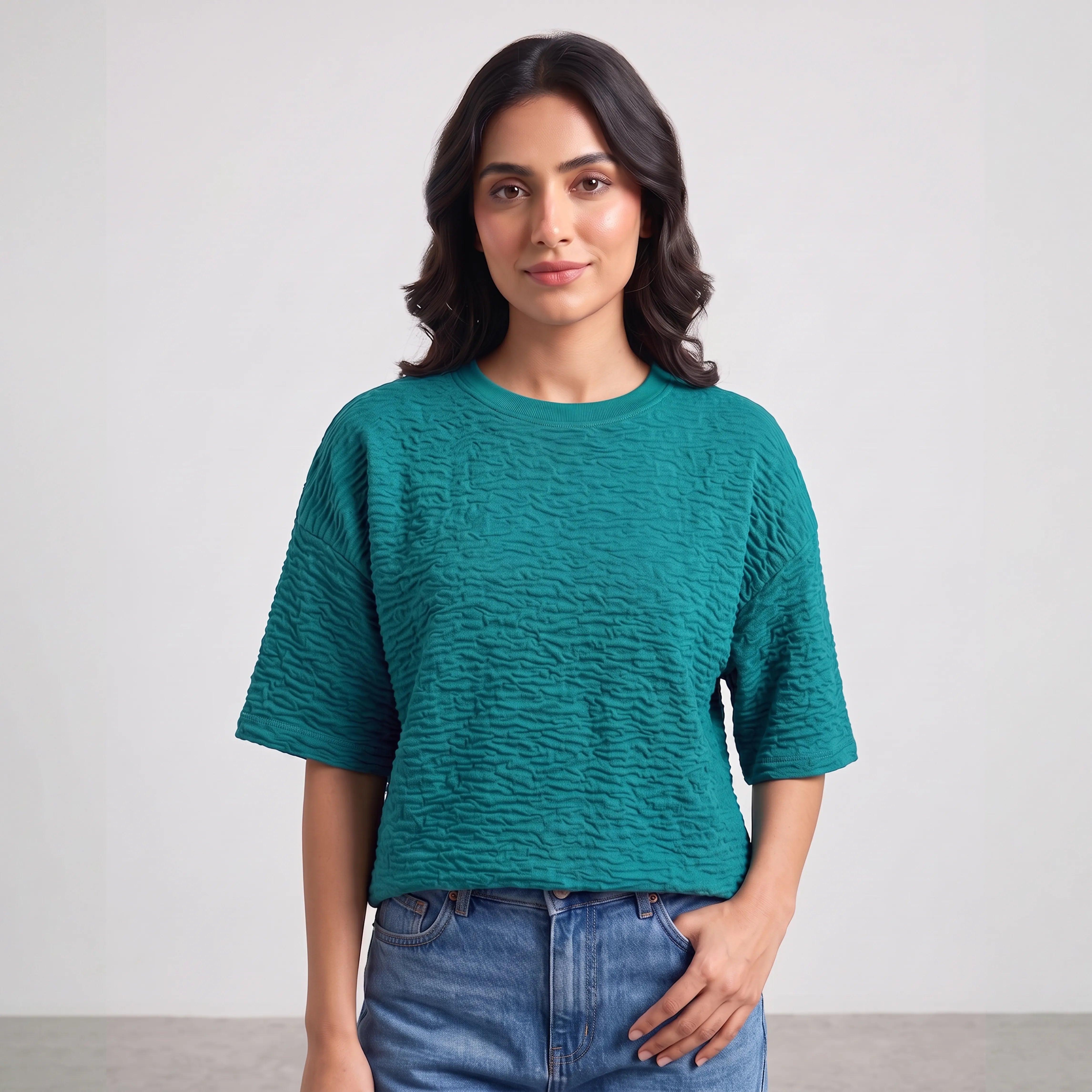 ATLAS JACQUARD OVERSIZED TOP - DEEP TEAL