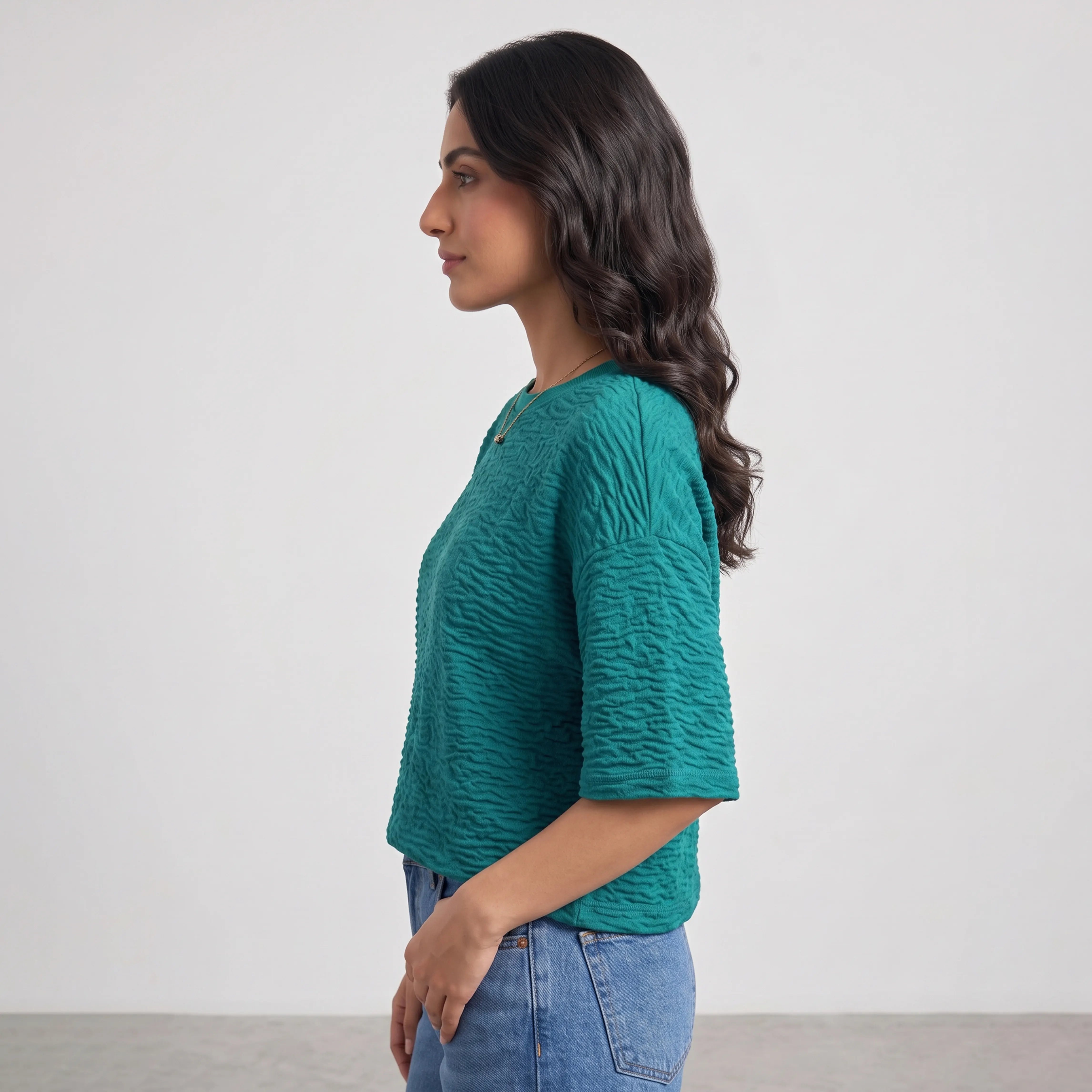 WOMEN ATLAS JACQUARD TOP DEEP TEAL