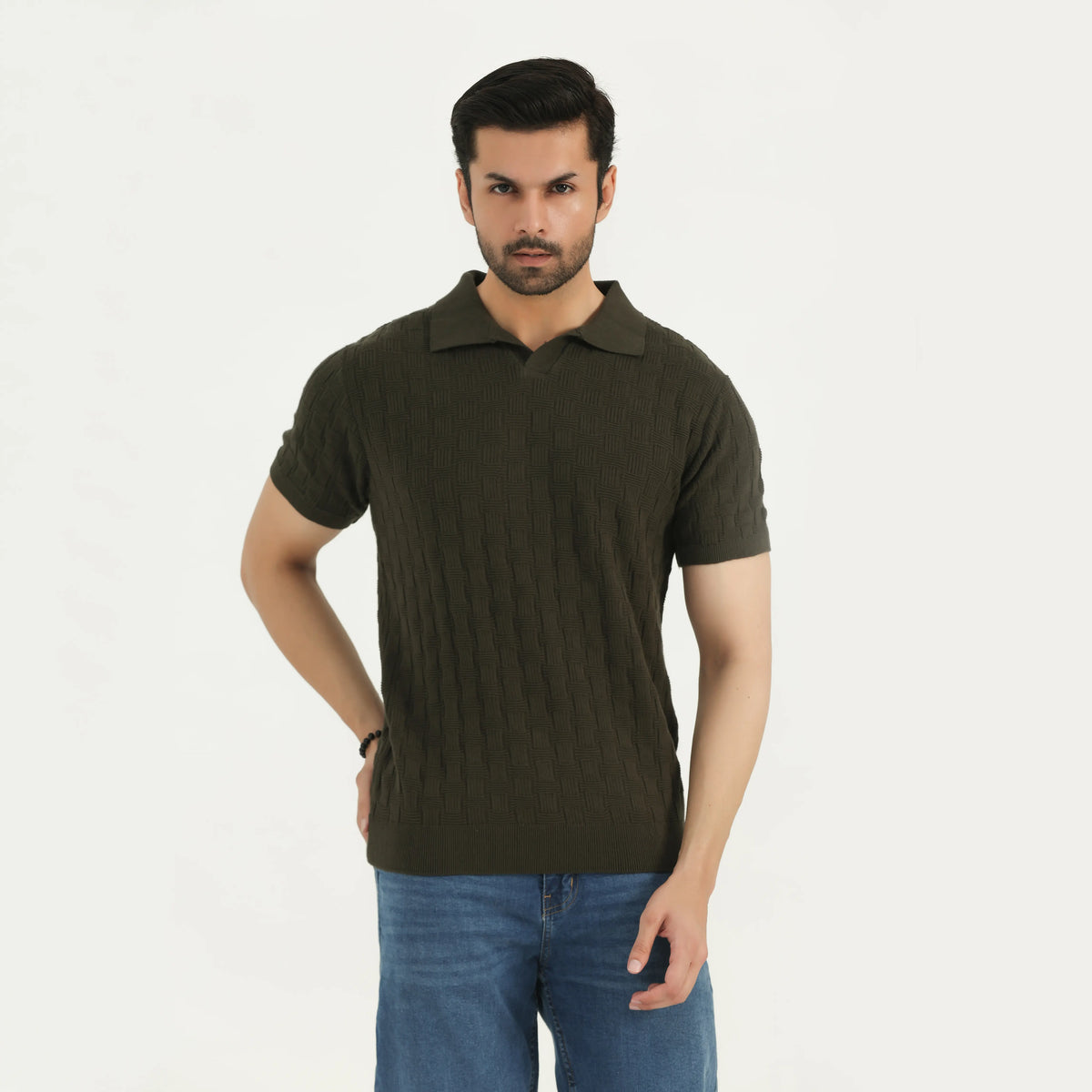 CABLE KNIT POLO SHIRT - OLIVE GREEN