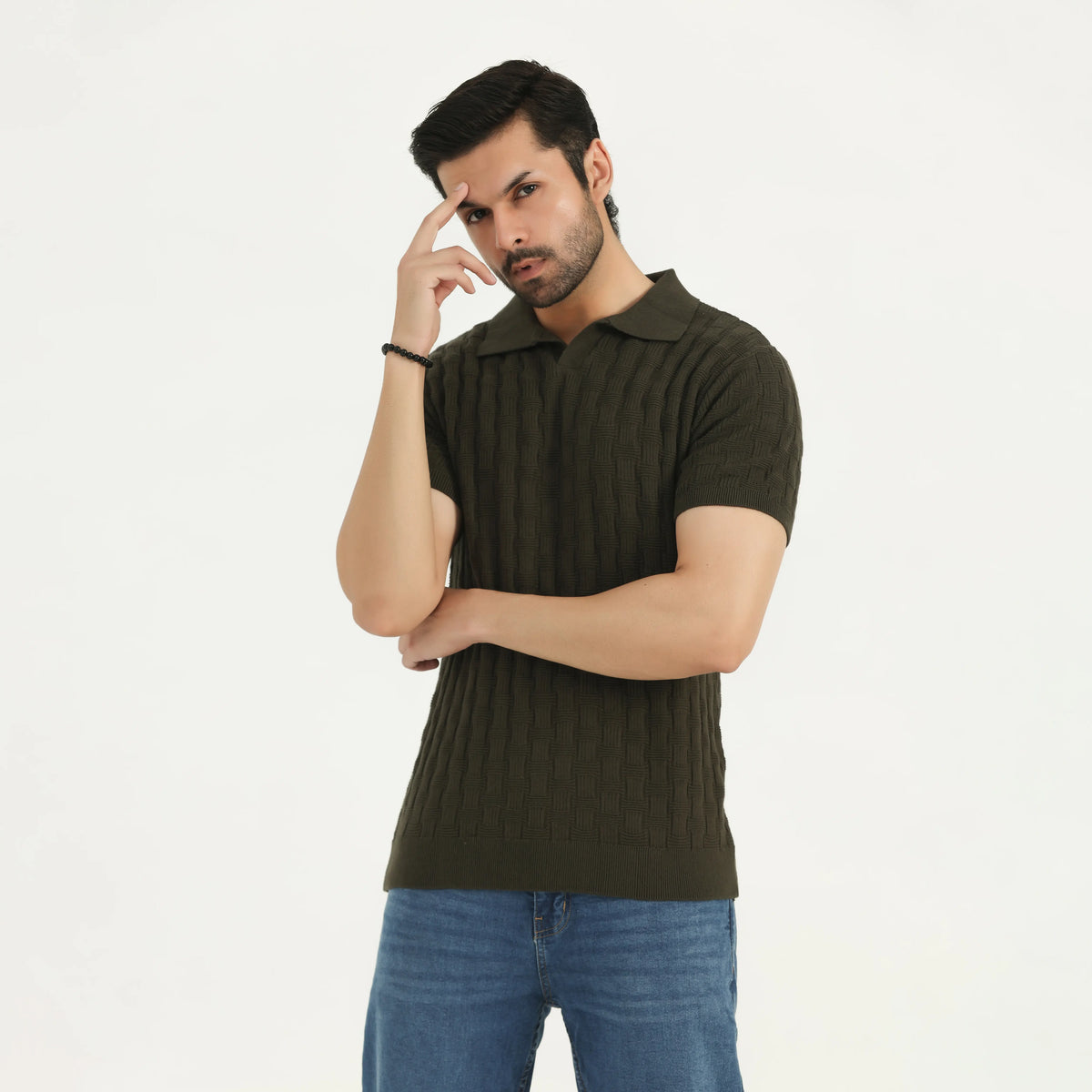 CABLE KNIT POLO SHIRT - OLIVE GREEN