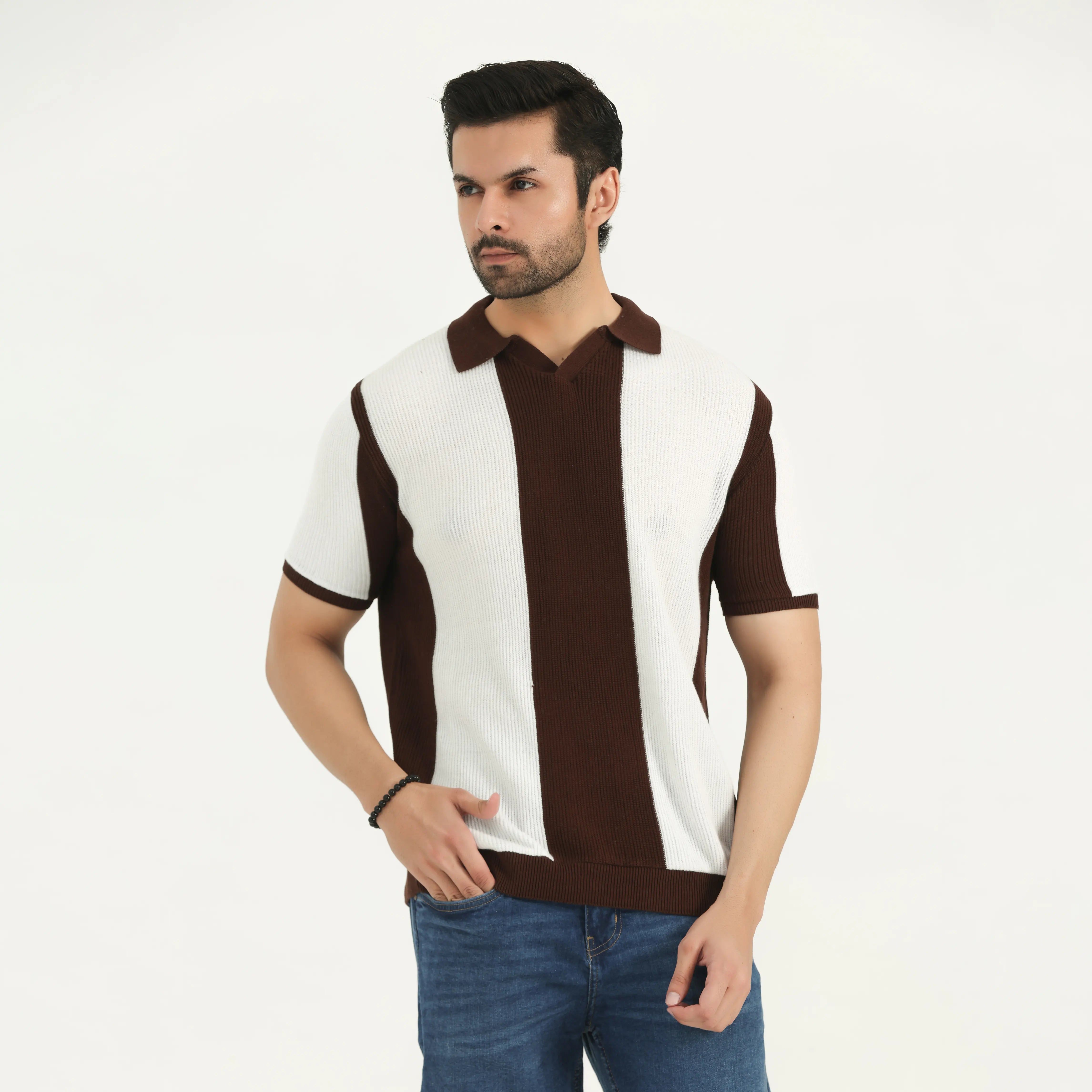 COLOR-BLOCK KNITTED POLO SHIRT - OFF-WHITE & BROWN