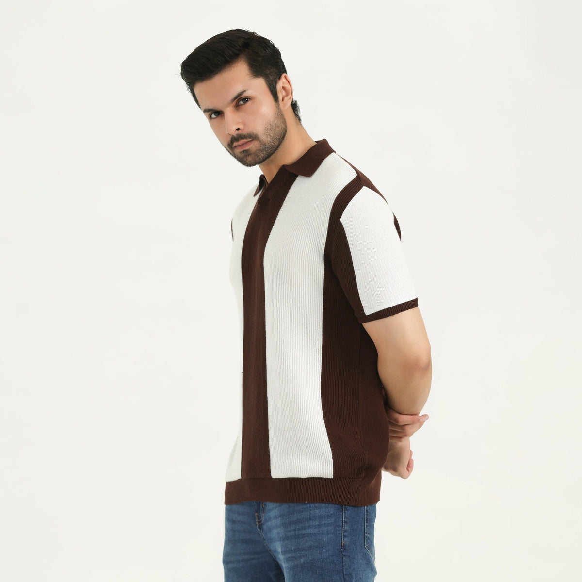 COLOR-BLOCK KNITTED POLO SHIRT - OFF-WHITE & BROWN
