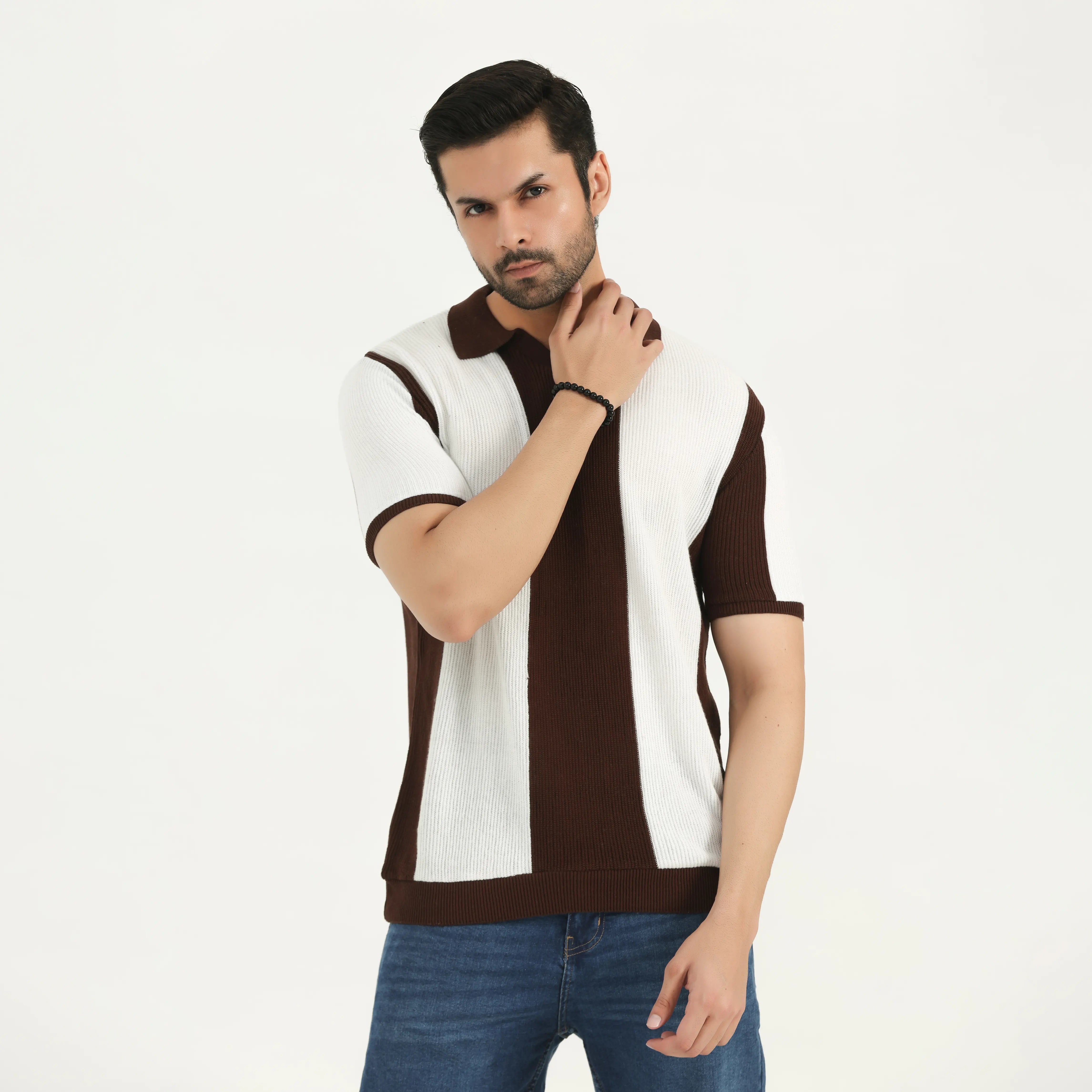 COLOR-BLOCK KNITTED POLO SHIRT - OFF-WHITE & BROWN