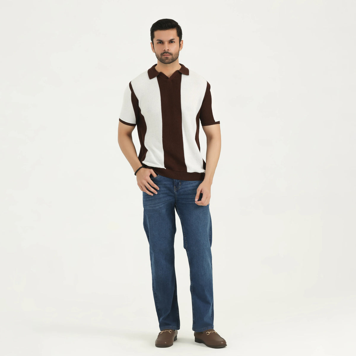 COLOR-BLOCK KNITTED POLO SHIRT - OFF-WHITE & BROWN