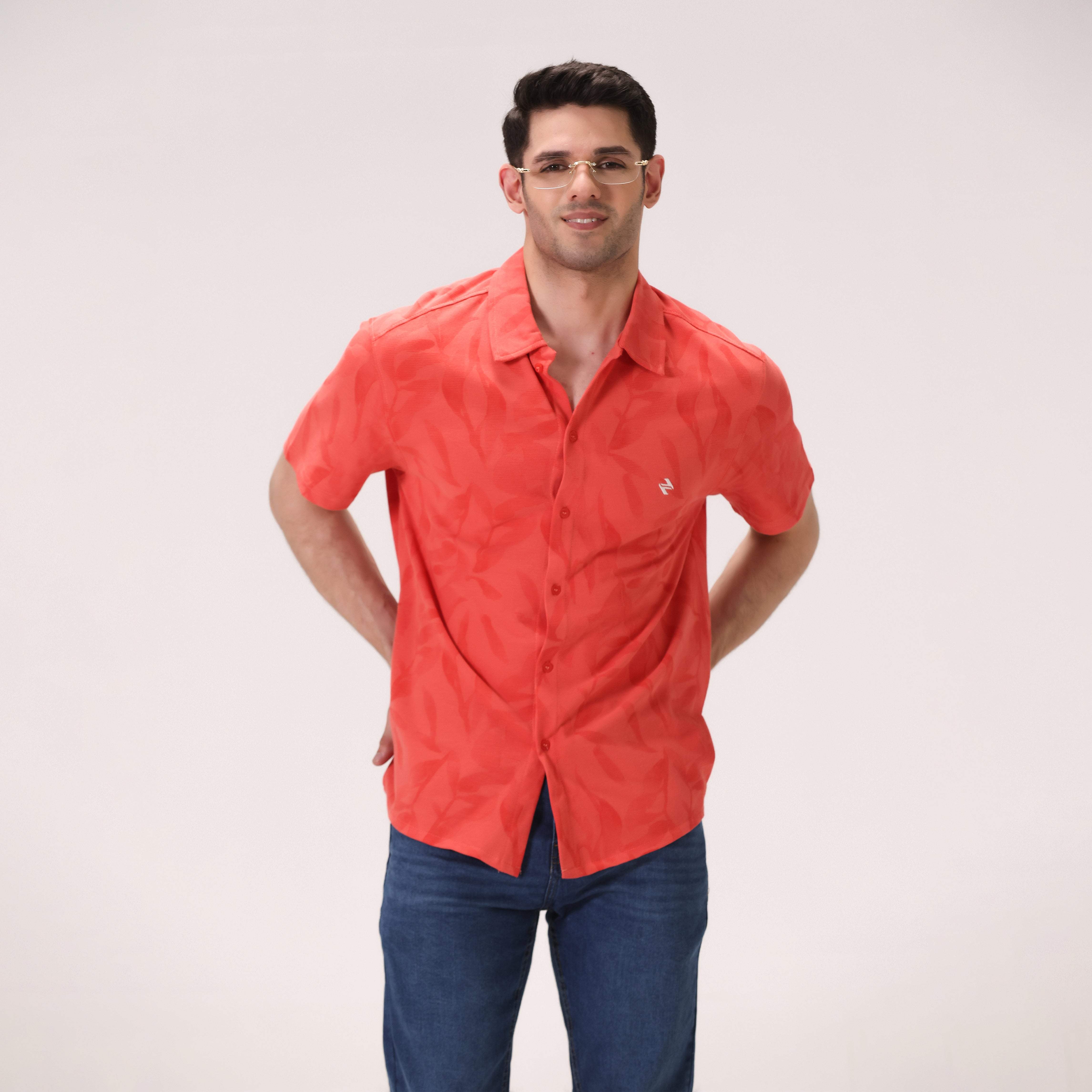 CORAL JACQUARD BUTTON DOWN SHIRT – RED