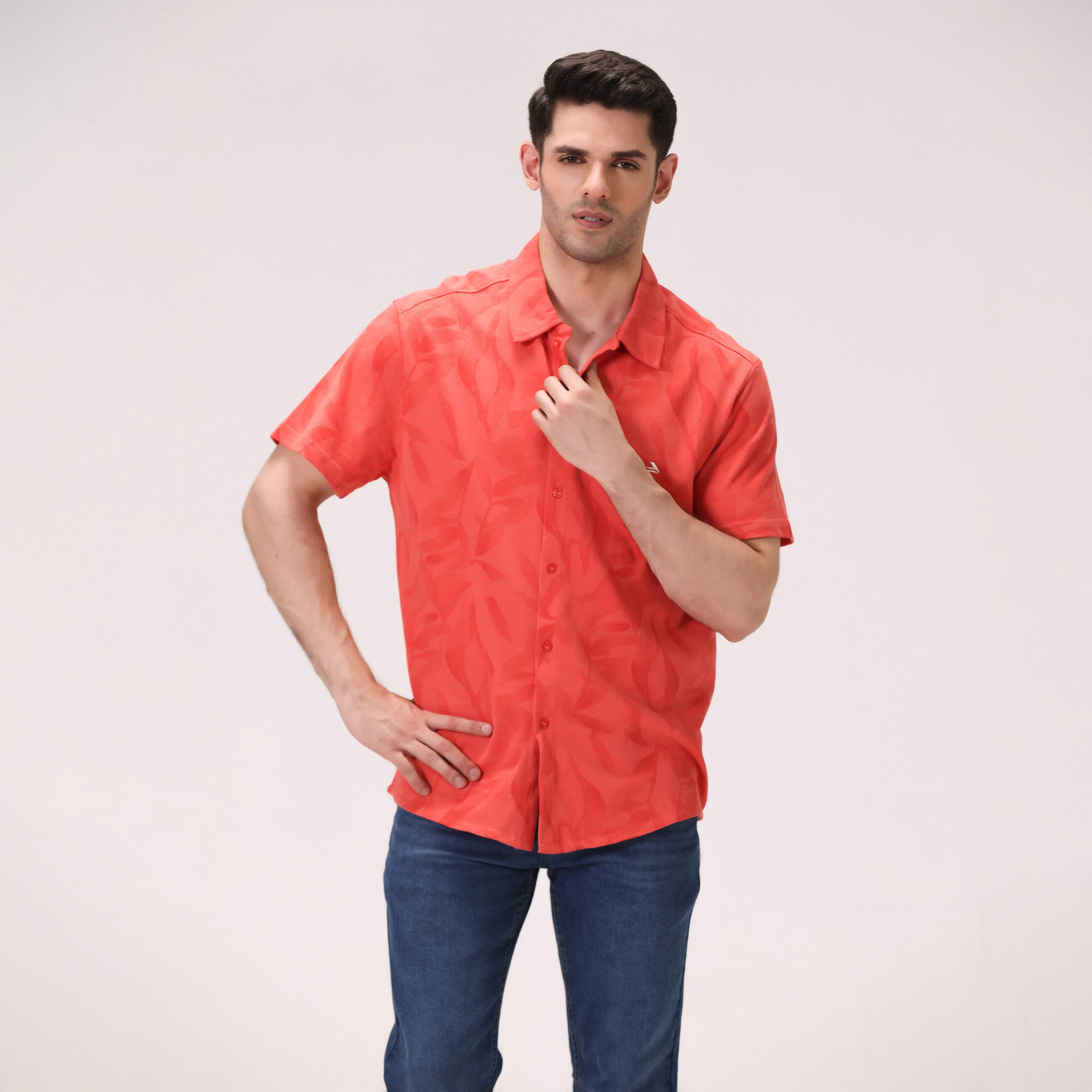 CORAL JACQUARD BUTTON DOWN SHIRT – RED