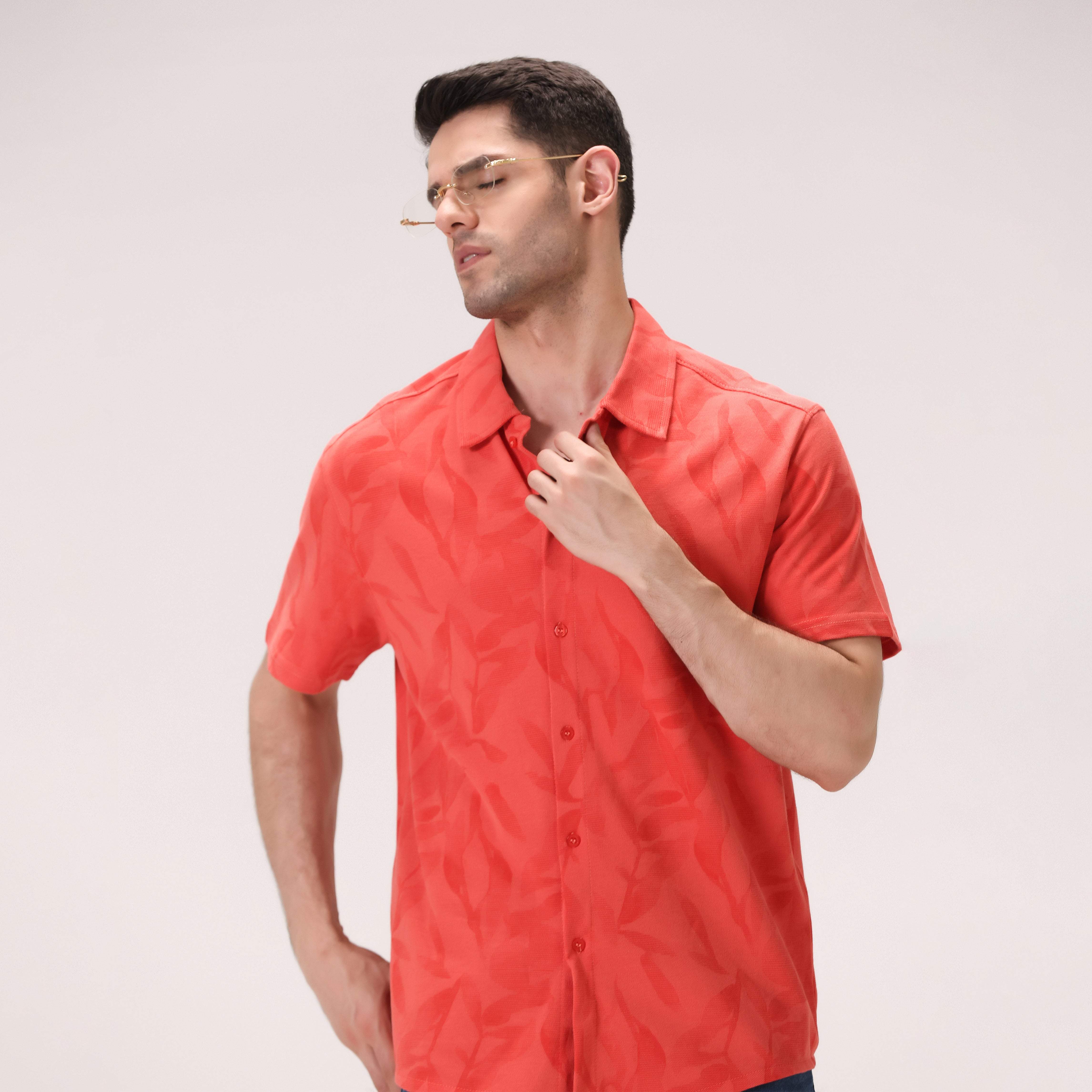 CORAL JACQUARD BUTTON DOWN SHIRT – RED
