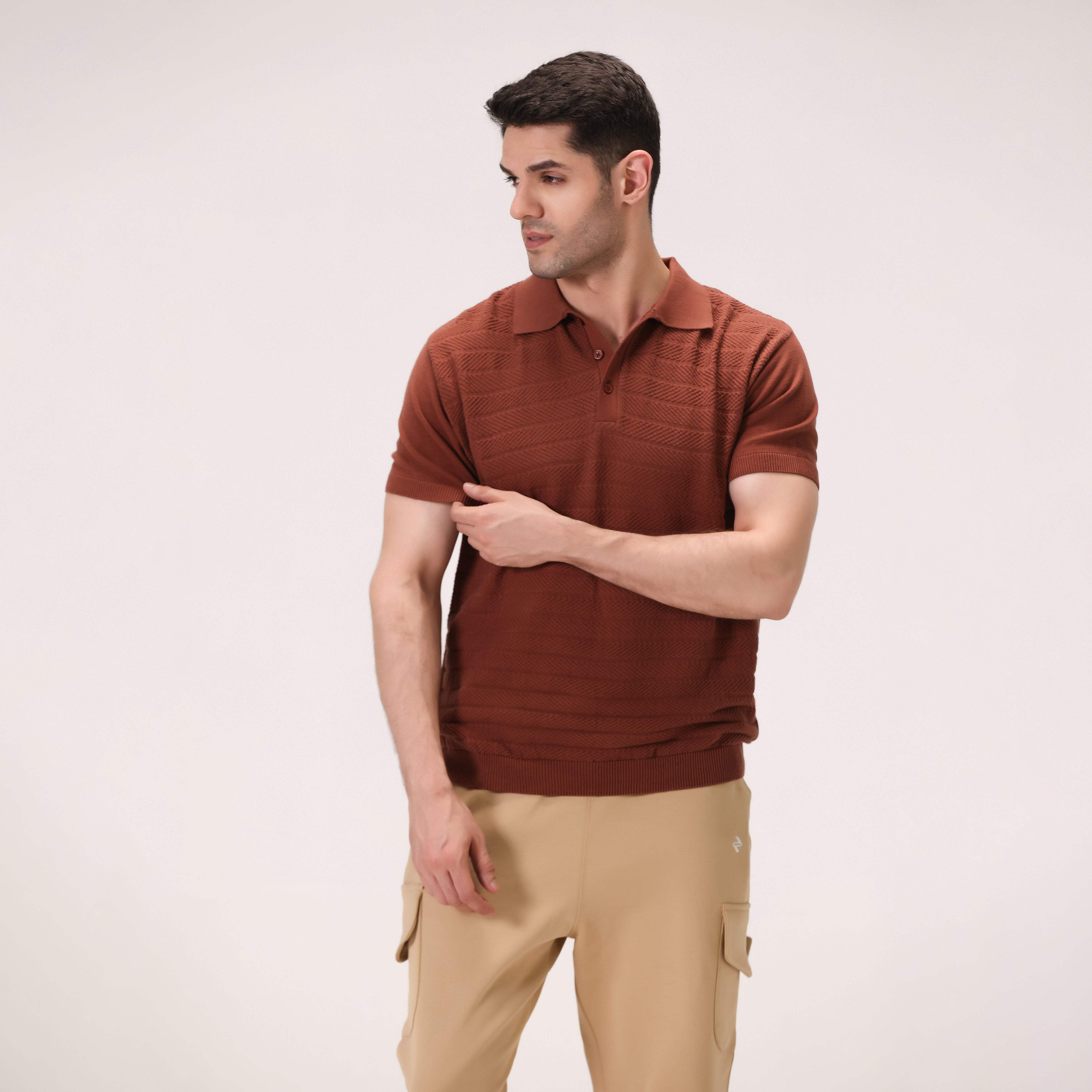 CROCHET KNIT POLO – RUST BROWN
