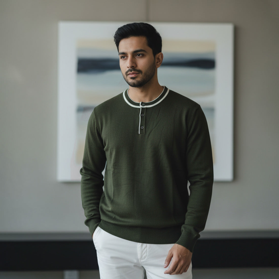 Henley Knit Sweater Olive Green | NAVZA