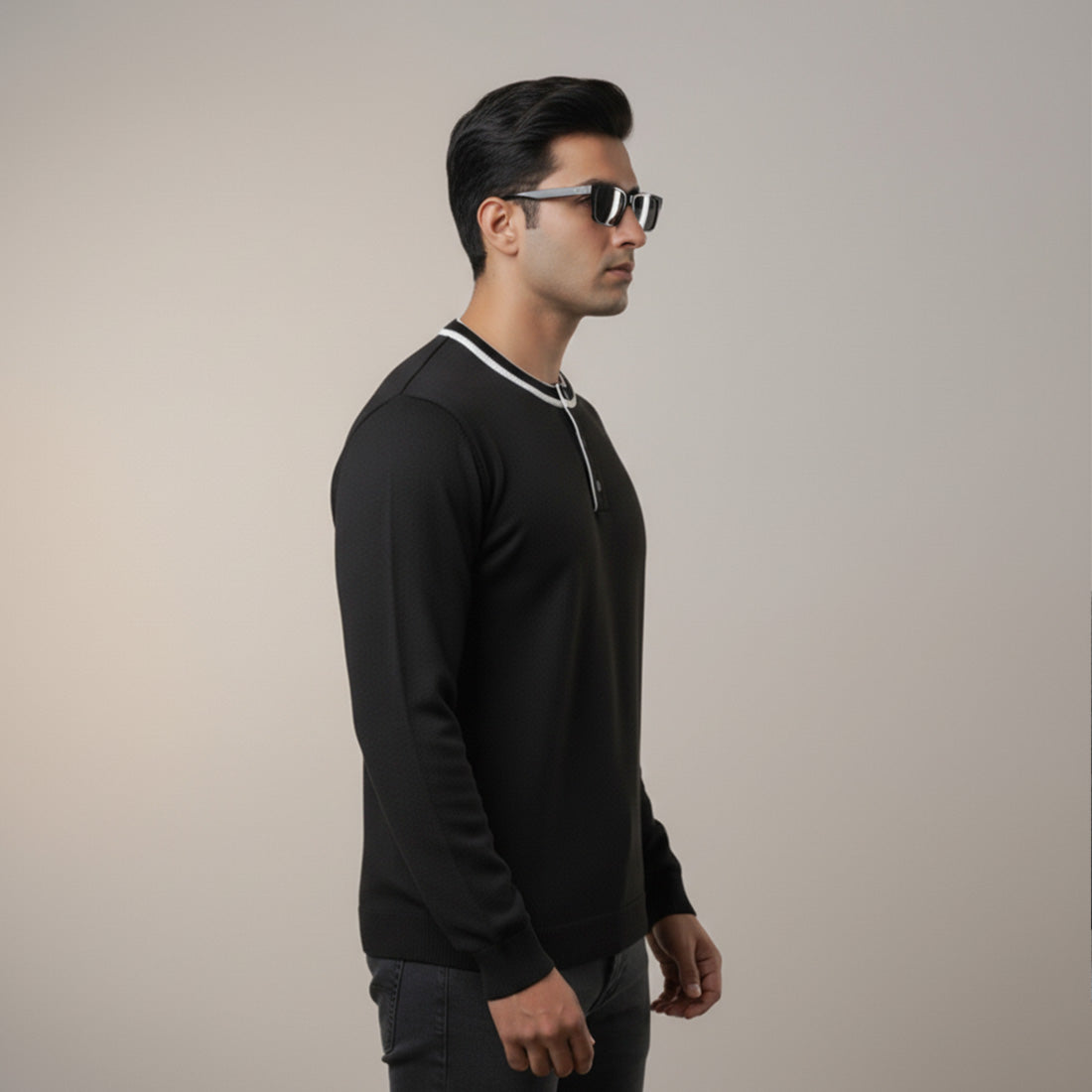 Henley Knit Sweater Black | NAVZA