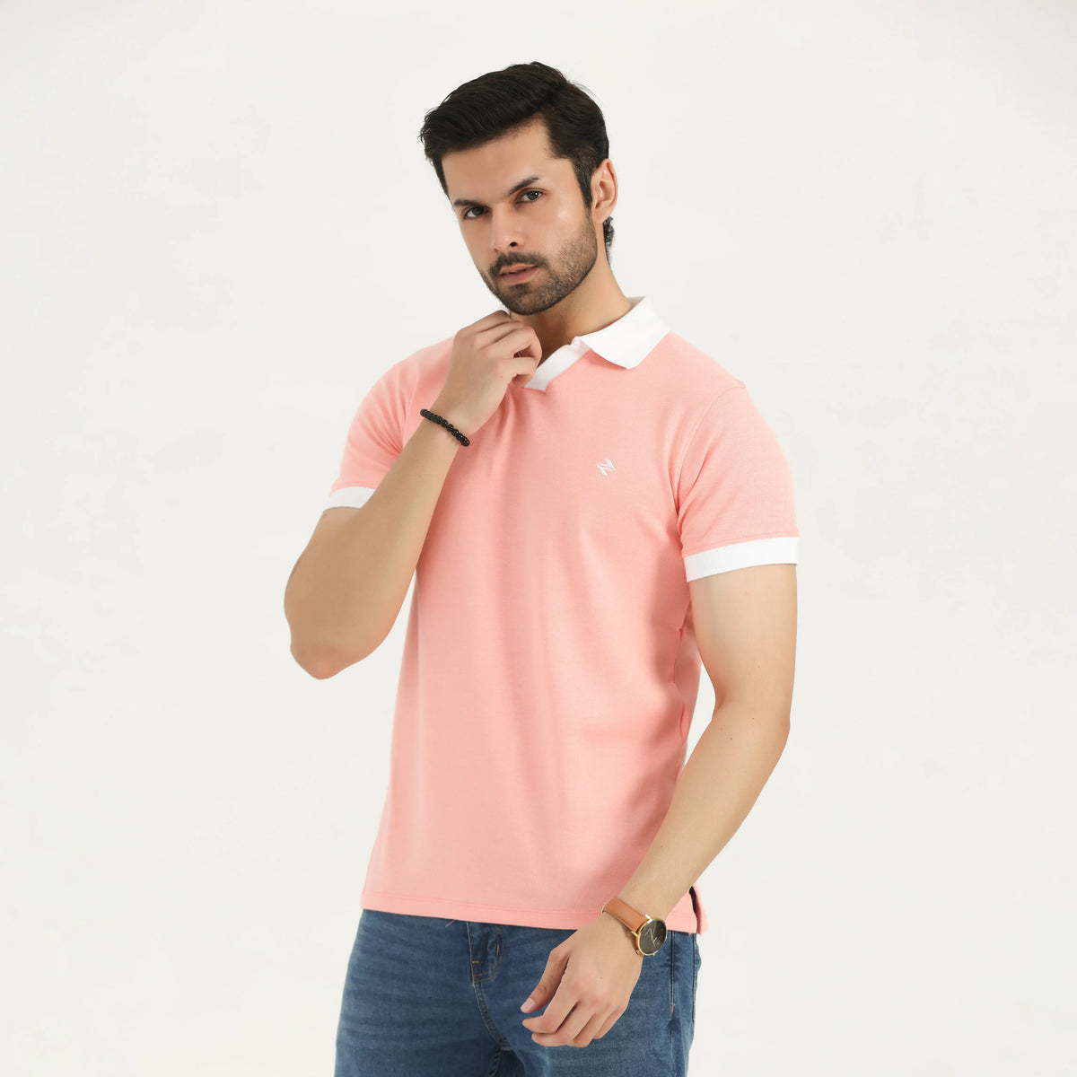 INTERLOCK CONTRAST COLLAR POLO SHIRT - CORAL