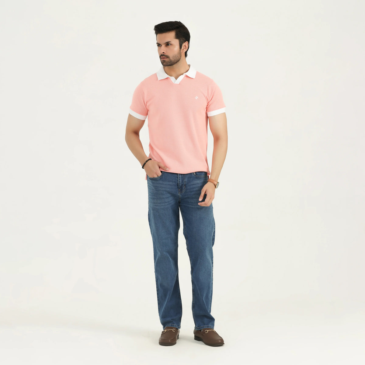 INTERLOCK CONTRAST COLLAR POLO SHIRT - CORAL