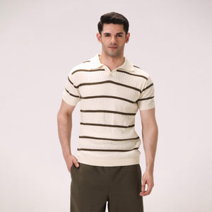 JACQUARD LINEAR STRIPE KNIT POLO – OFF-WHITE