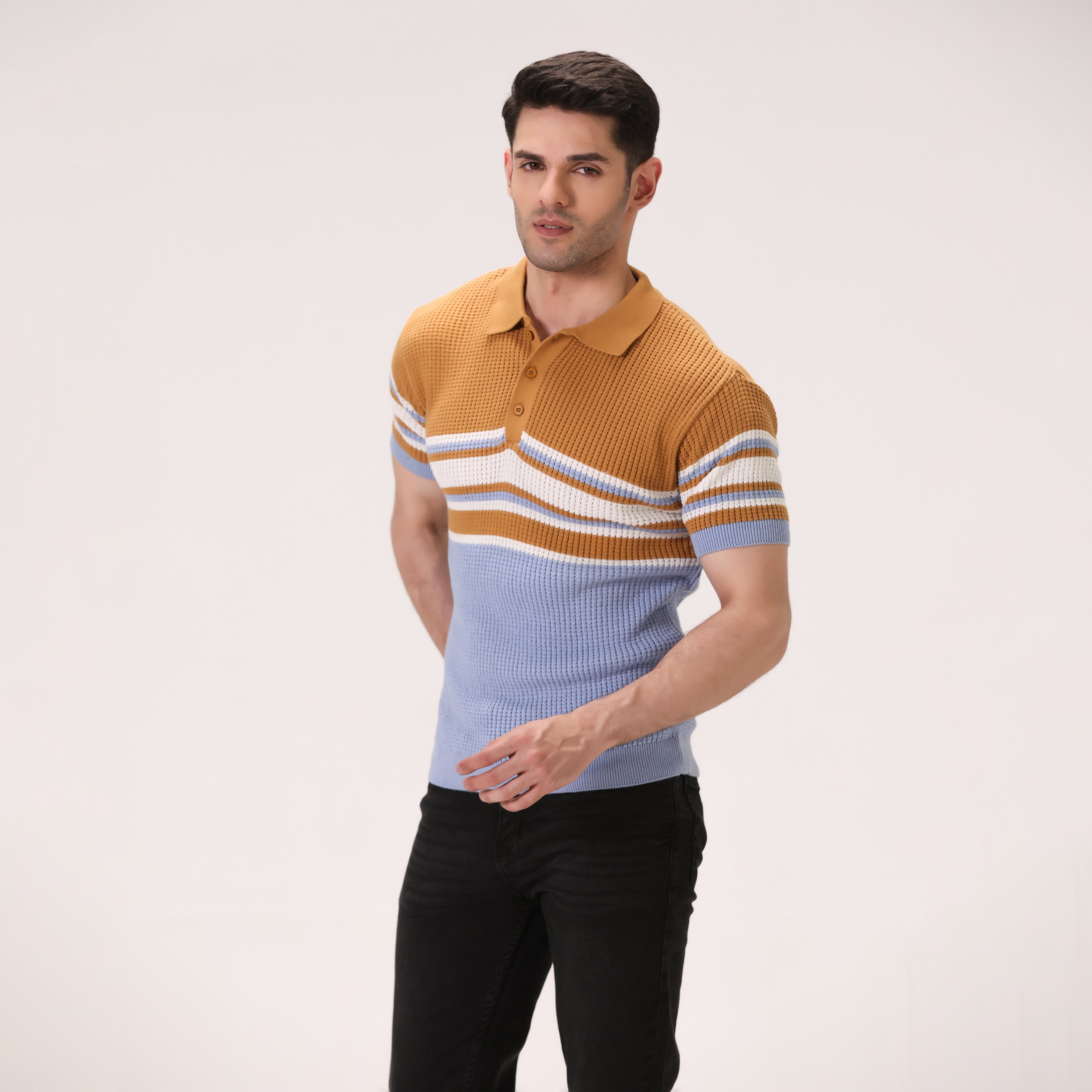 JACQUARD STRIPE KNIT POLO – TAN BROWN