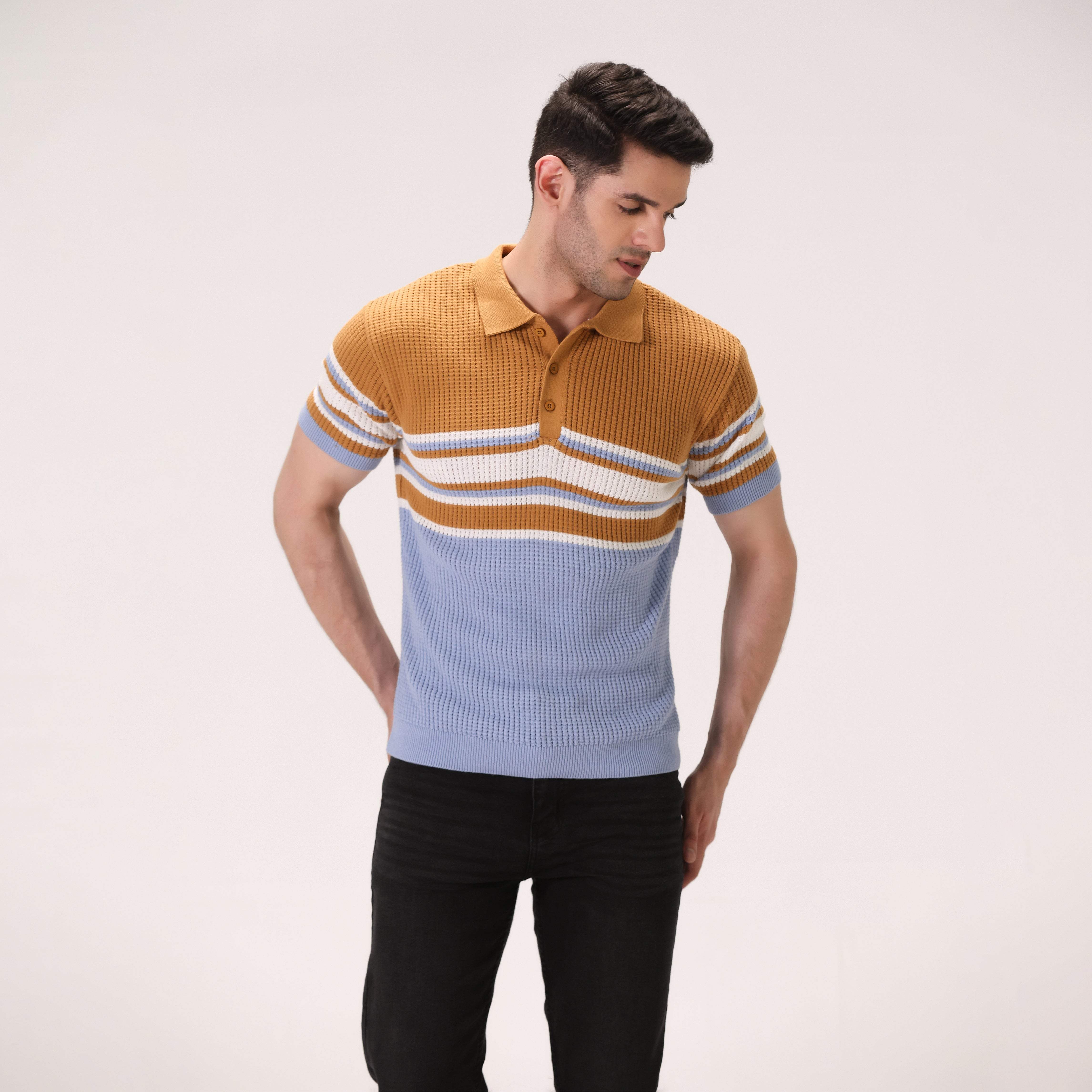 JACQUARD STRIPE KNIT POLO – TAN BROWN