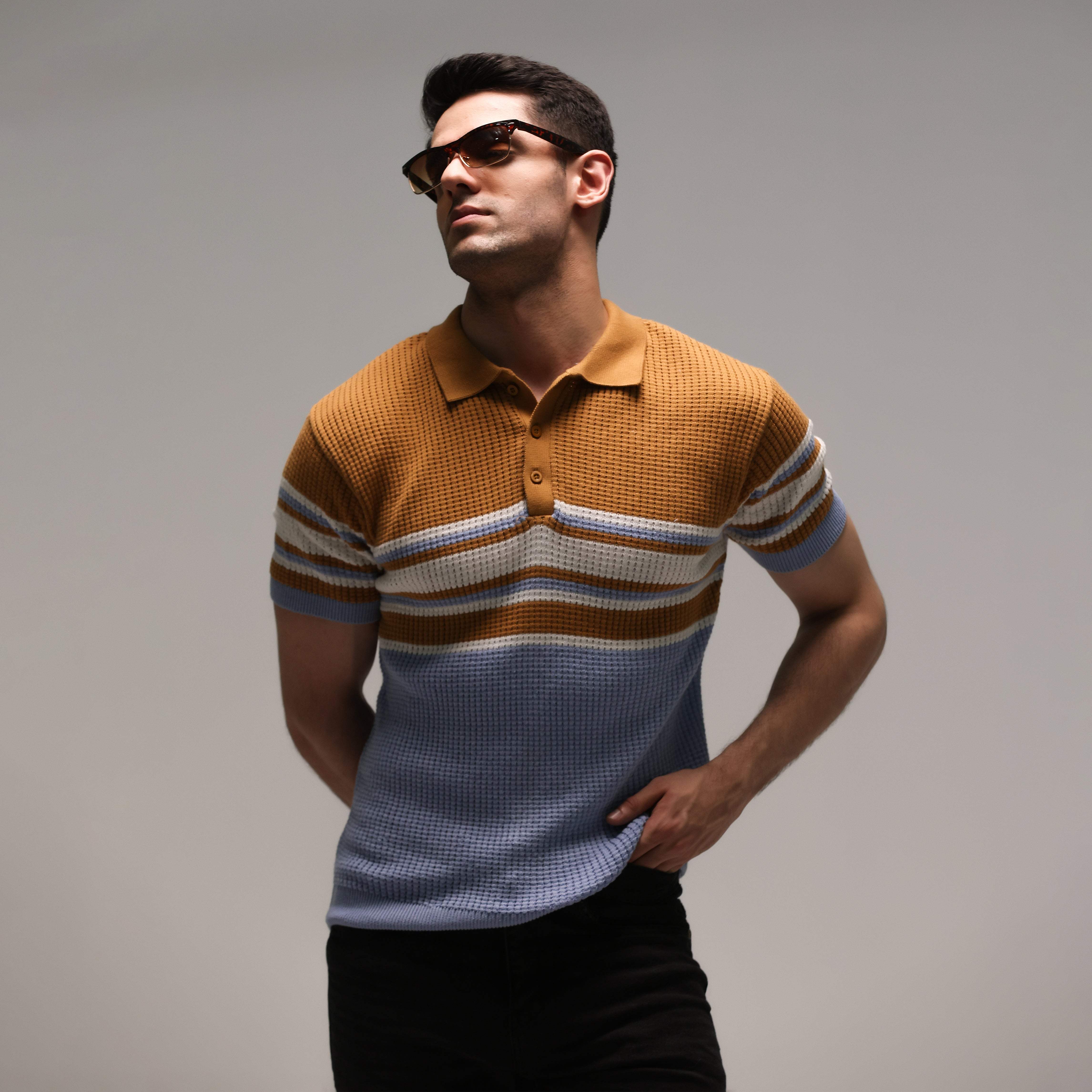 JACQUARD STRIPE KNIT POLO – TAN BROWN