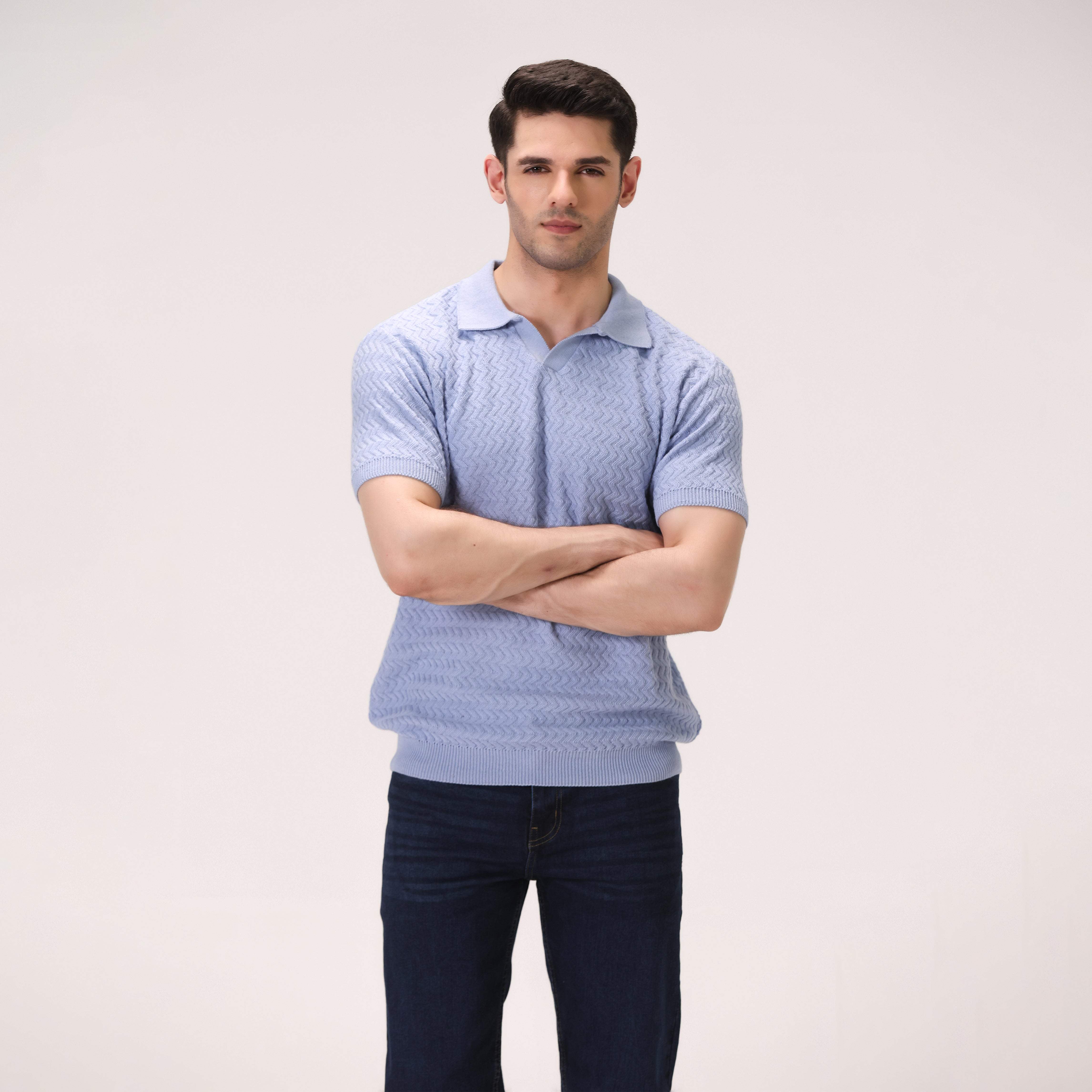 JACQUARD WAVE KNIT POLO – SKY BLUE