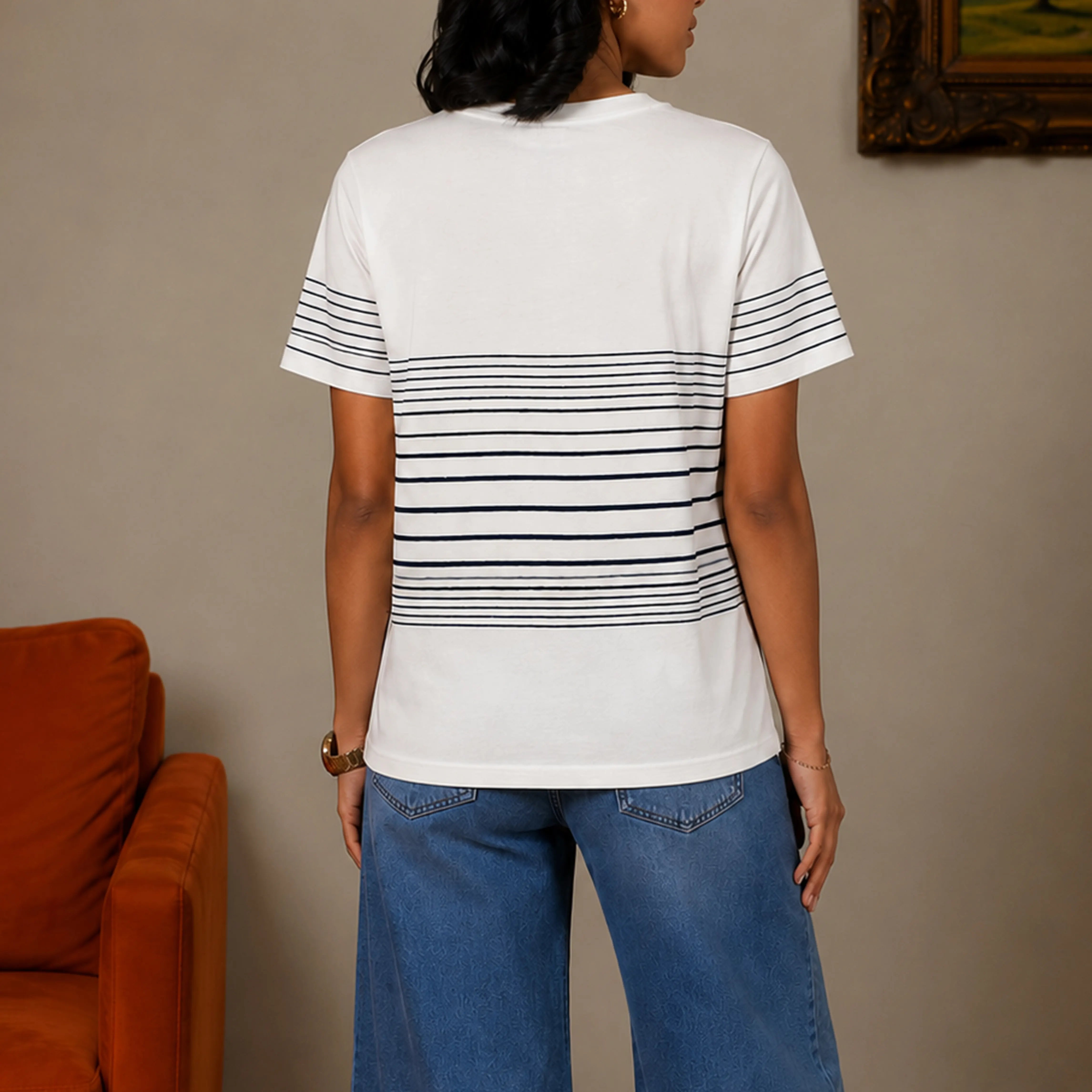MARINER JACQUARD STRIPED TEE - WHITE WITH BLACK STRIPES
