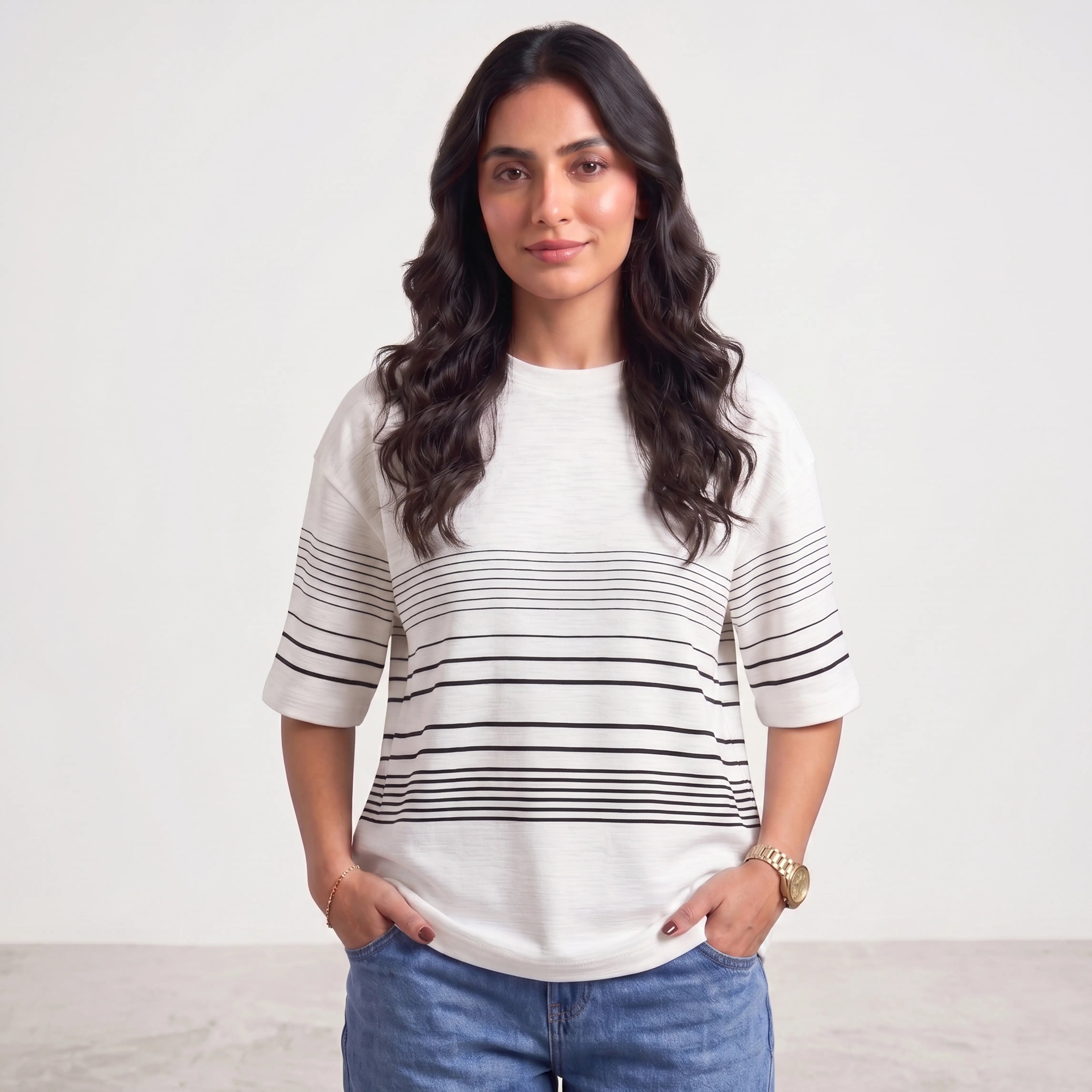 MARINER JACQUARD STRIPED TEE - WHITE WITH BLACK STRIPES