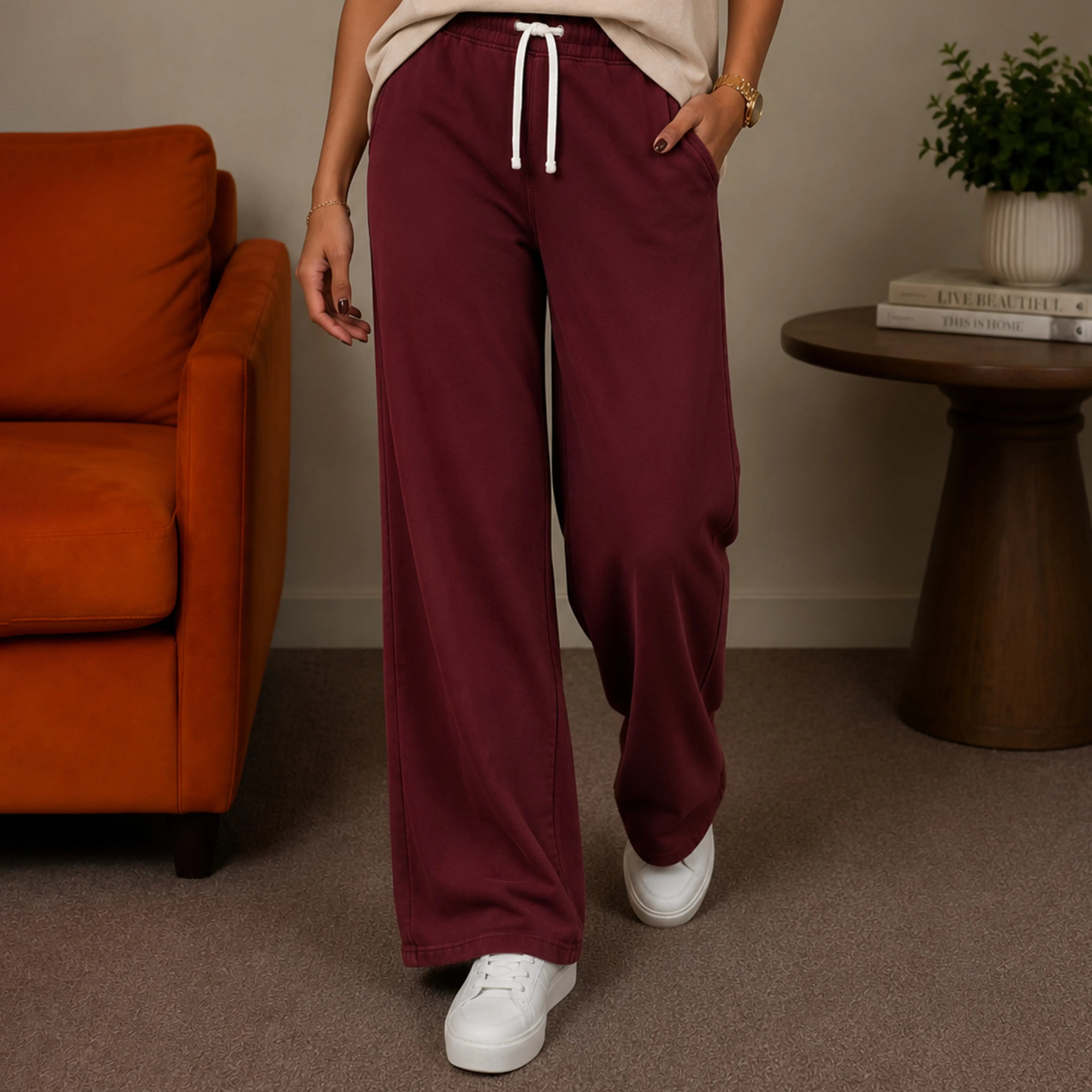 MONARCH INTERLOCK WIDE-LEG PANTS - RICH BURGUNDY