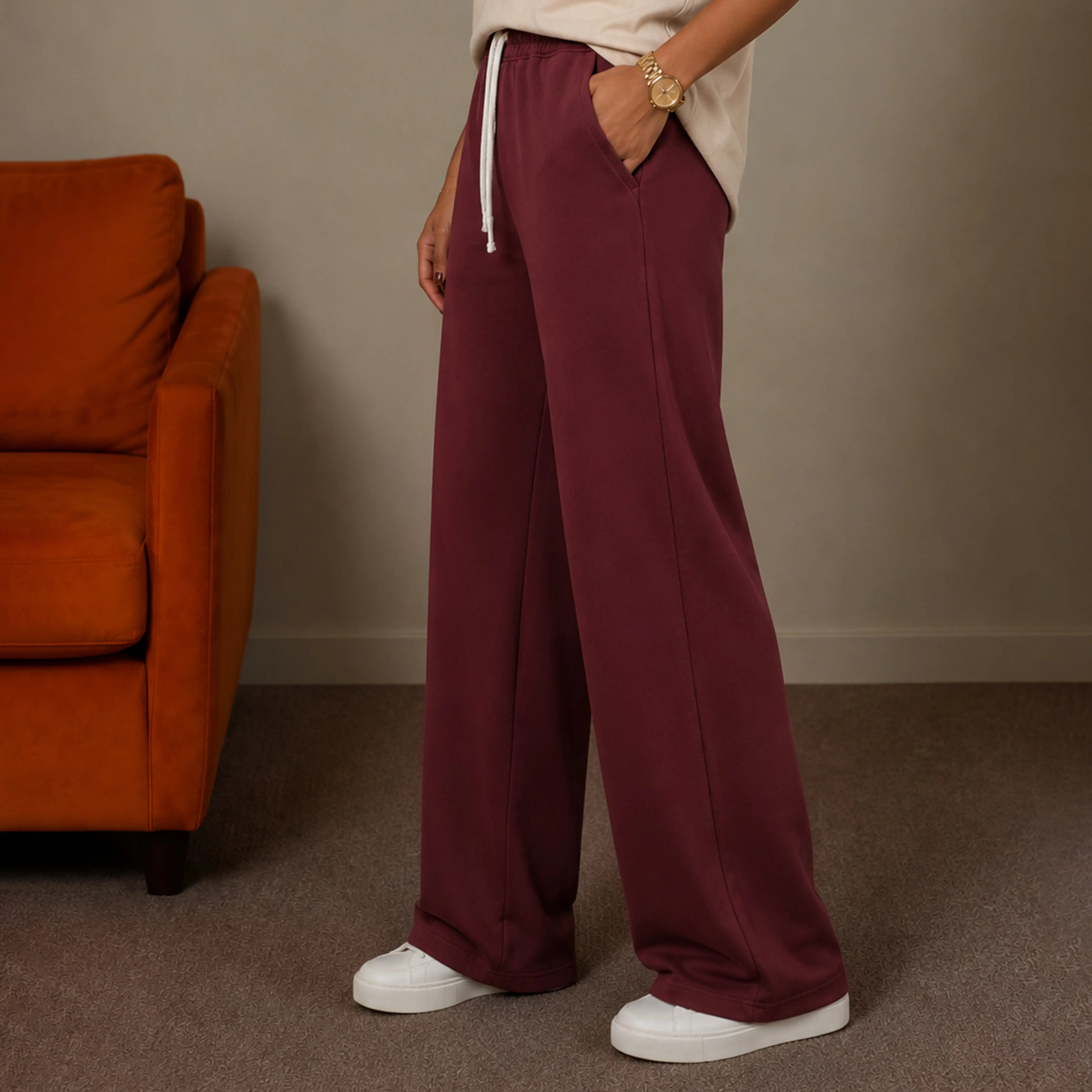 MONARCH INTERLOCK WIDE-LEG PANTS - RICH BURGUNDY