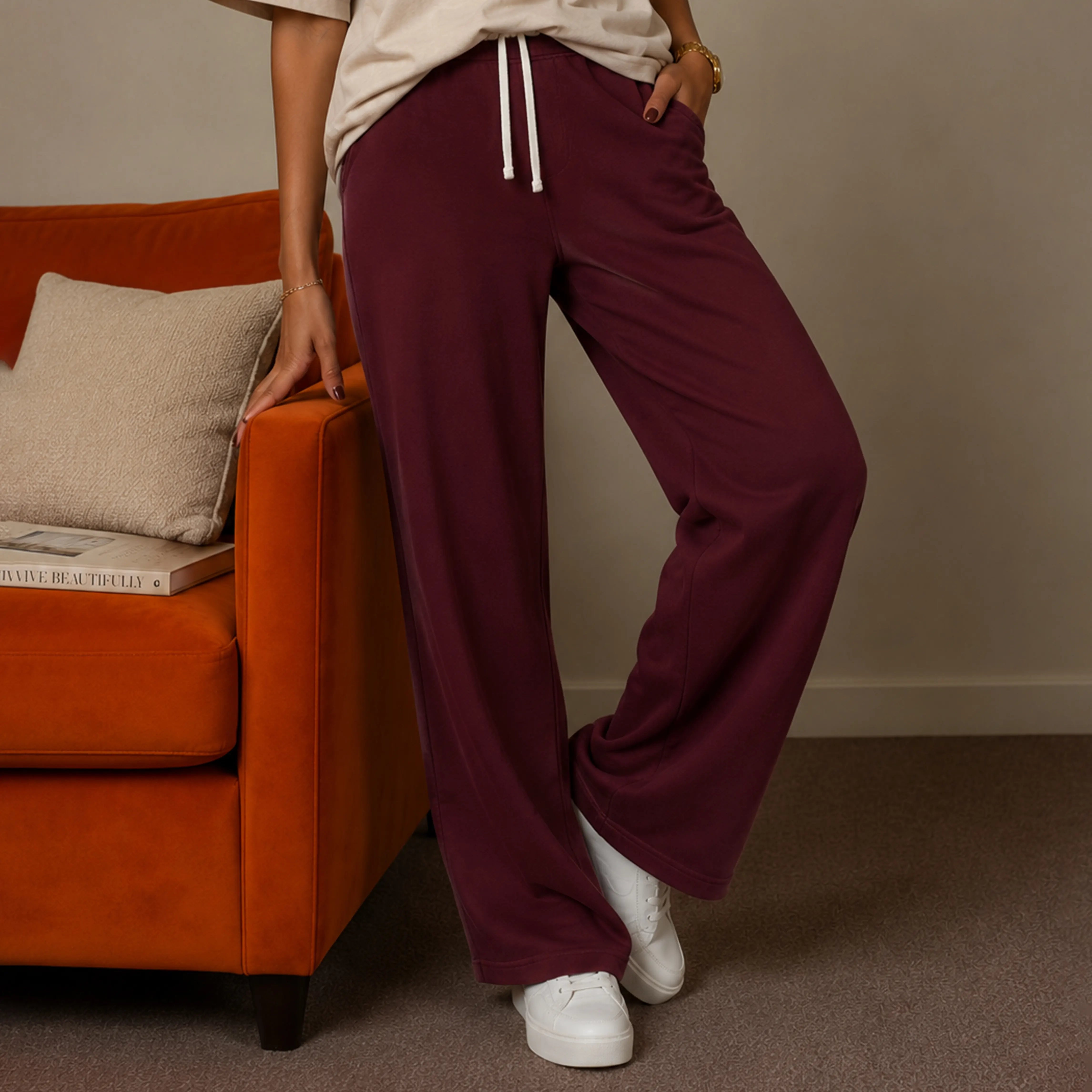 MONARCH INTERLOCK WIDE-LEG PANTS - RICH BURGUNDY