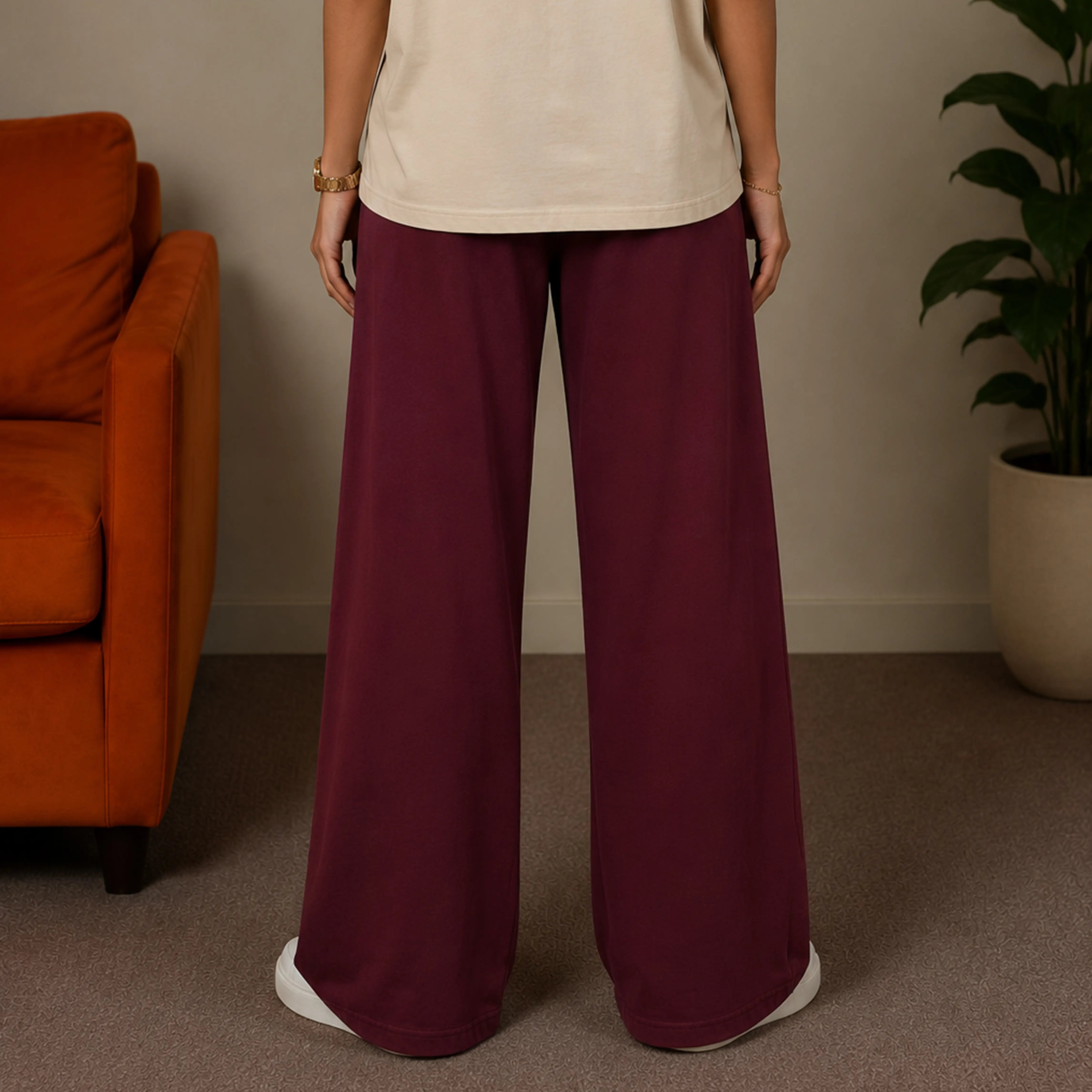 MONARCH INTERLOCK WIDE-LEG PANTS - RICH BURGUNDY