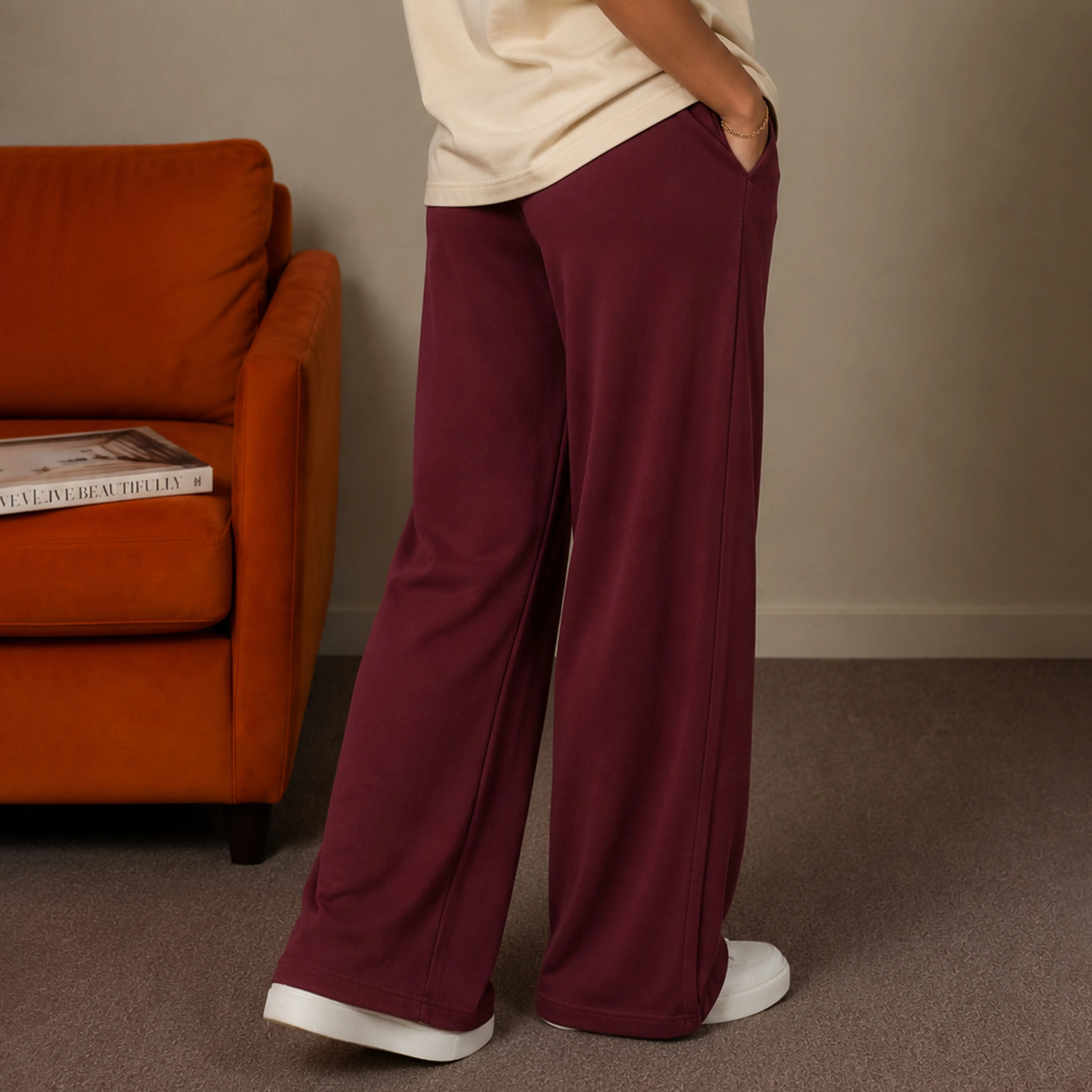 MONARCH INTERLOCK WIDE-LEG PANTS - RICH BURGUNDY